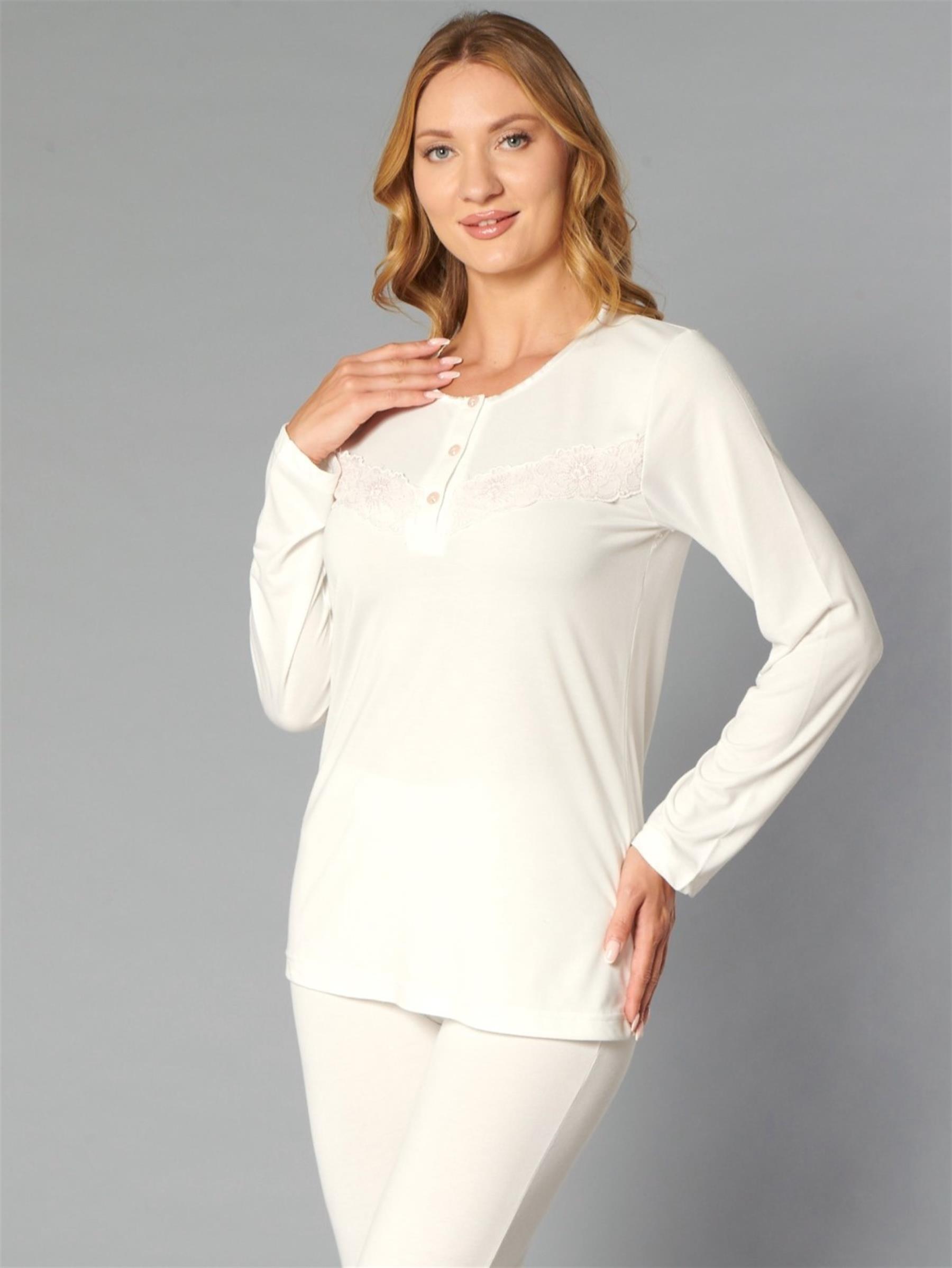 FLZ Uzun Kol Pijama Takımı Viskon Yumuşak Kumaş Kadın Rahat Ev Giyim 89-121 FLZ