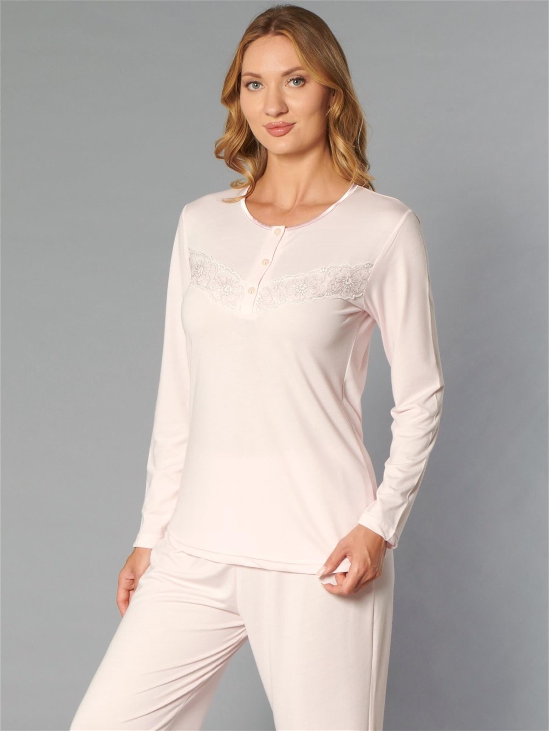 FLZ Uzun Kol Pijama Takımı Viskon Yumuşak Kumaş Kadın Rahat Ev Giyim 89-121 FLZ