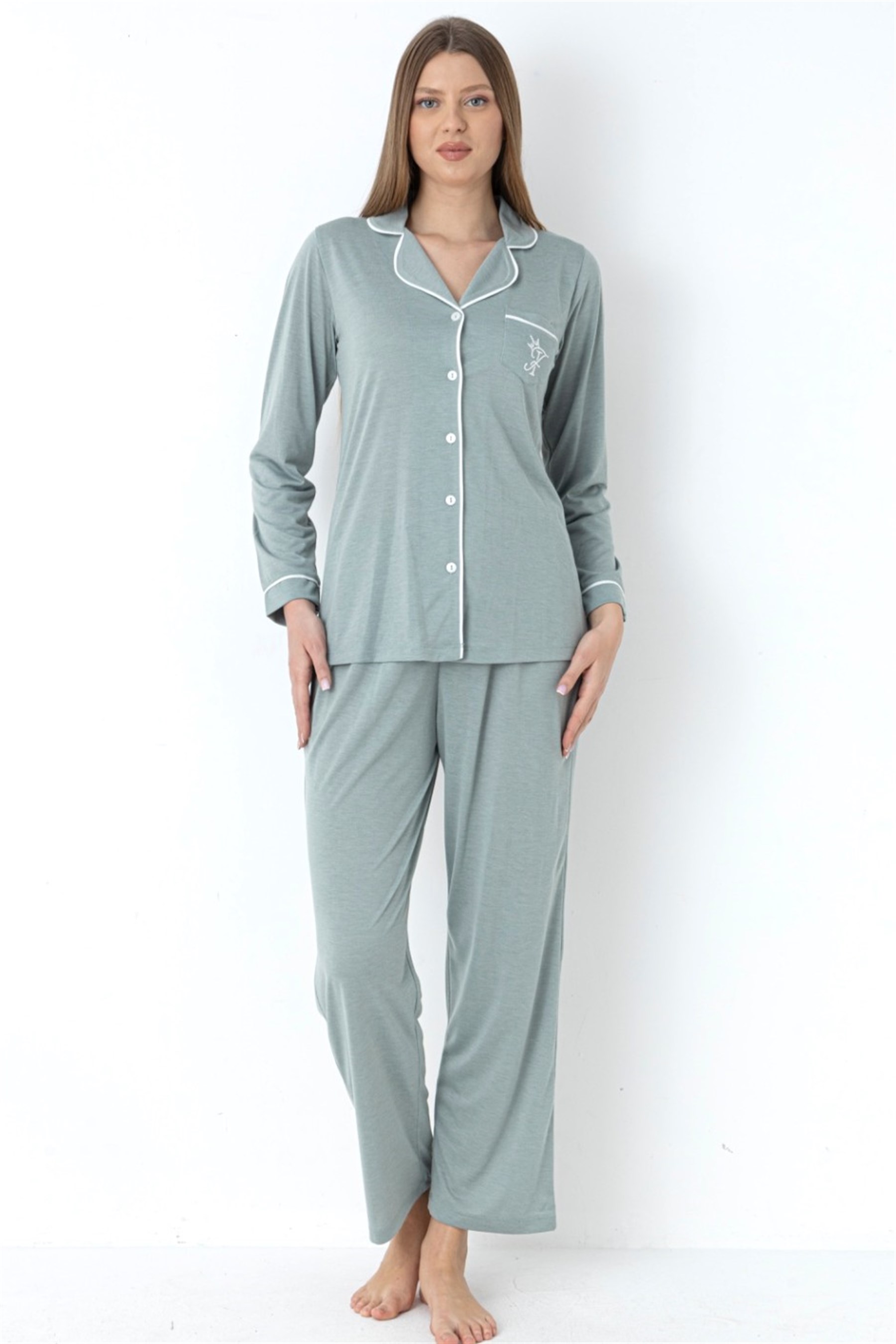 Boydan Düğmeli Uzun Kol Pijama Takımı Rahat Örme Kumaş Ev Giyim FLZ 89-122