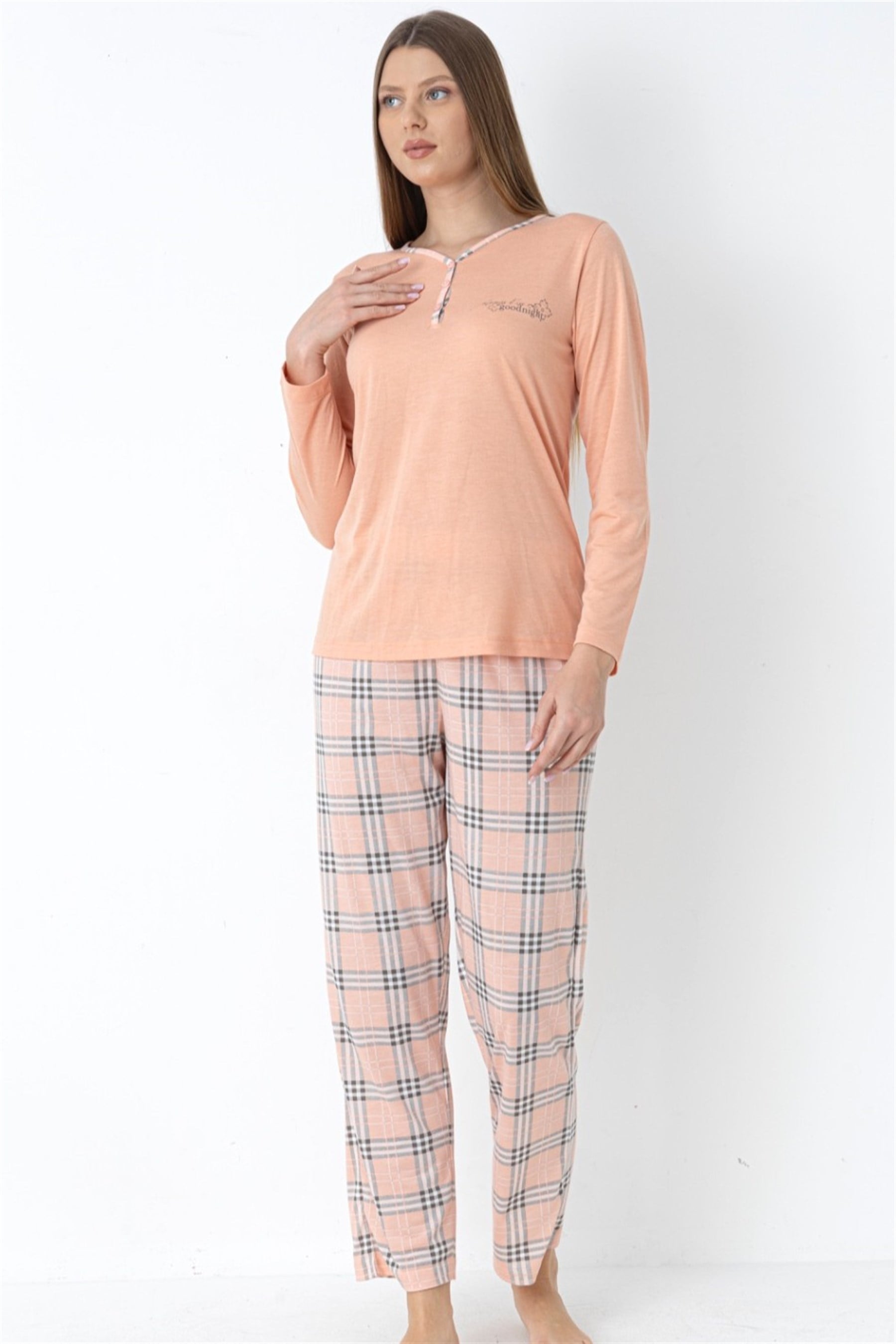 Ekose Desenli Viskon Pijama Takımı Uzun Kollu Rahat Ev Giyim FLZ 89-140