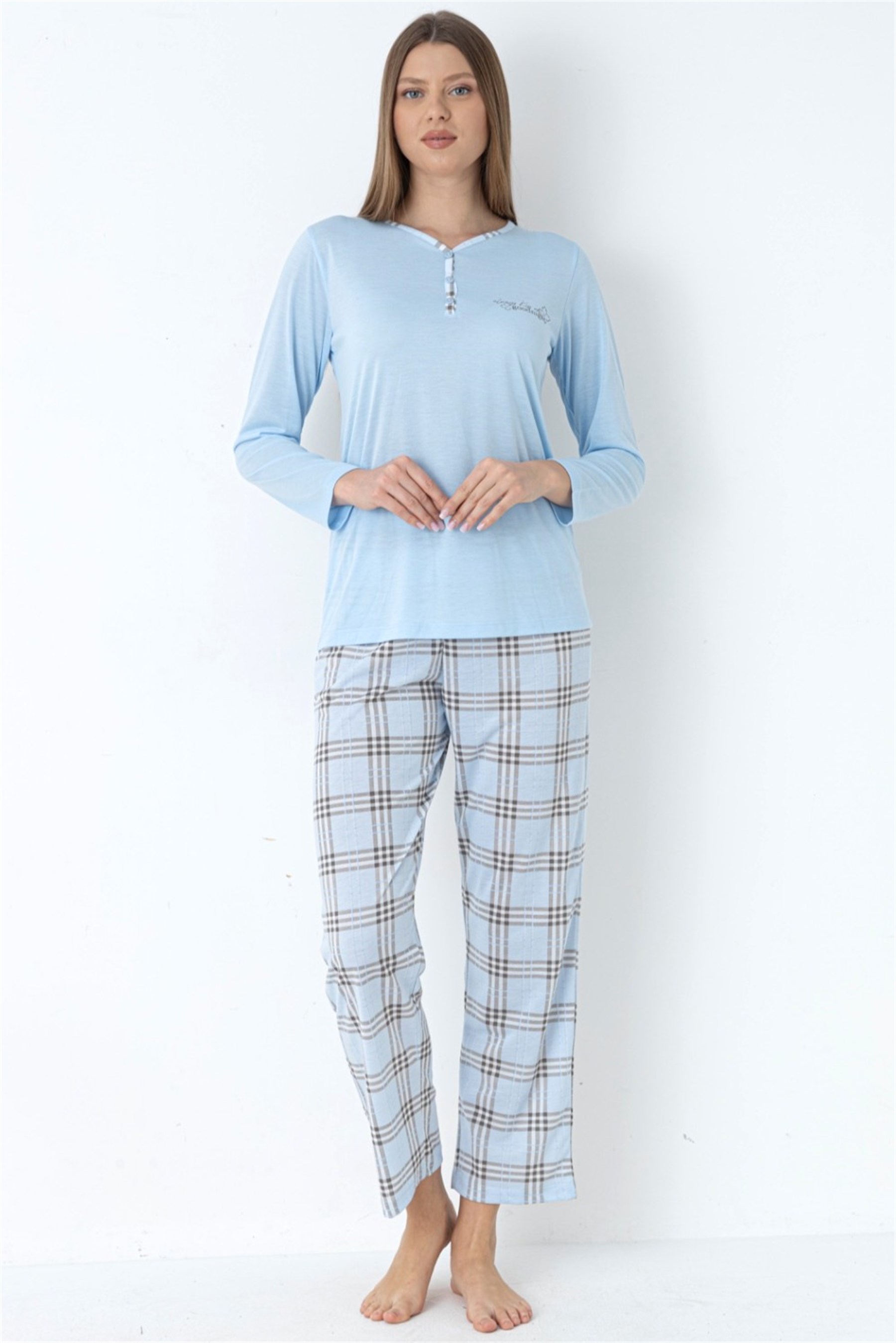 Ekose Desenli Viskon Pijama Takımı Uzun Kollu Rahat Ev Giyim FLZ 89-140