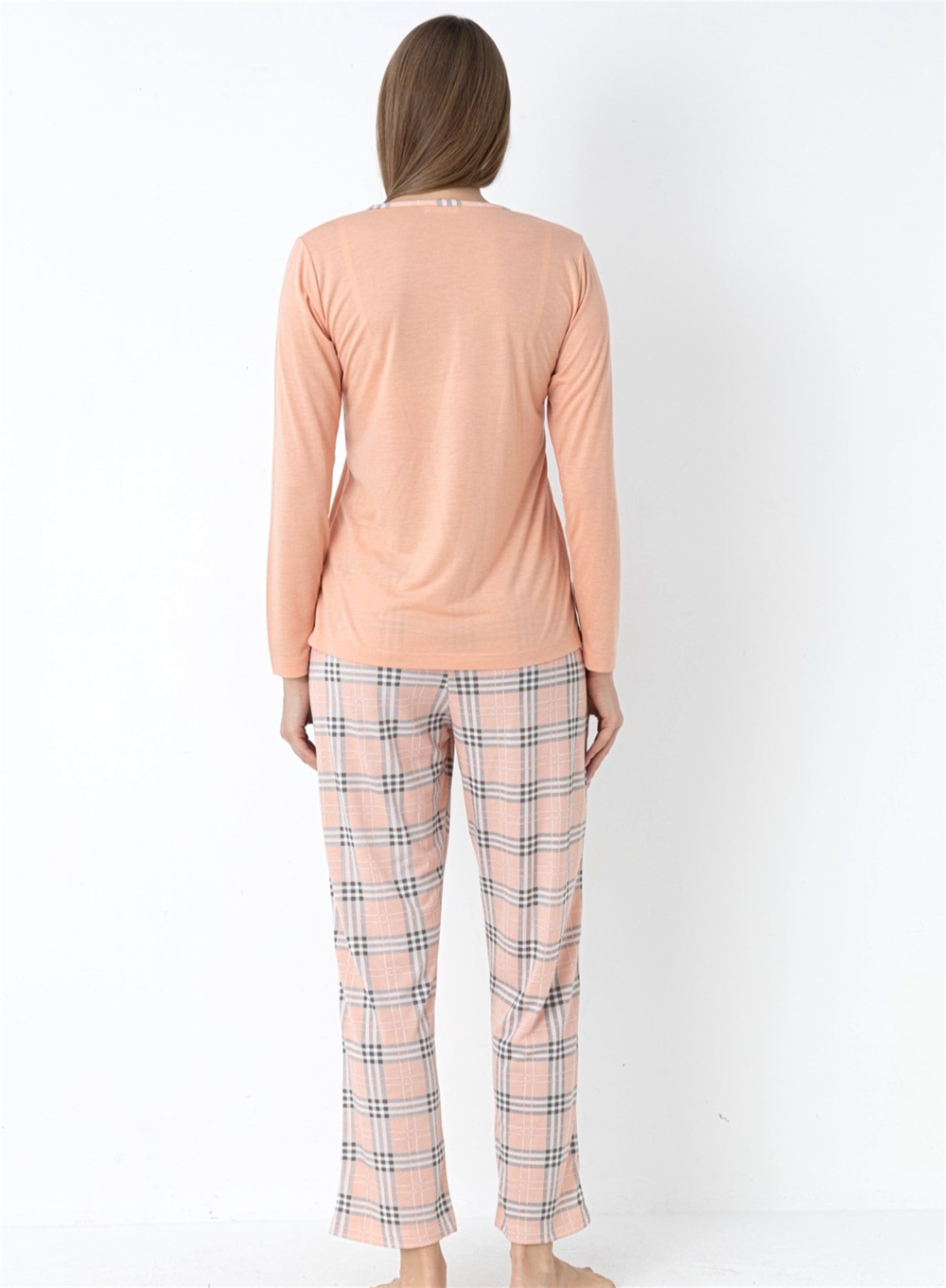 Ekose Desenli Viskon Pijama Takımı Uzun Kollu Rahat Ev Giyim FLZ 89-140