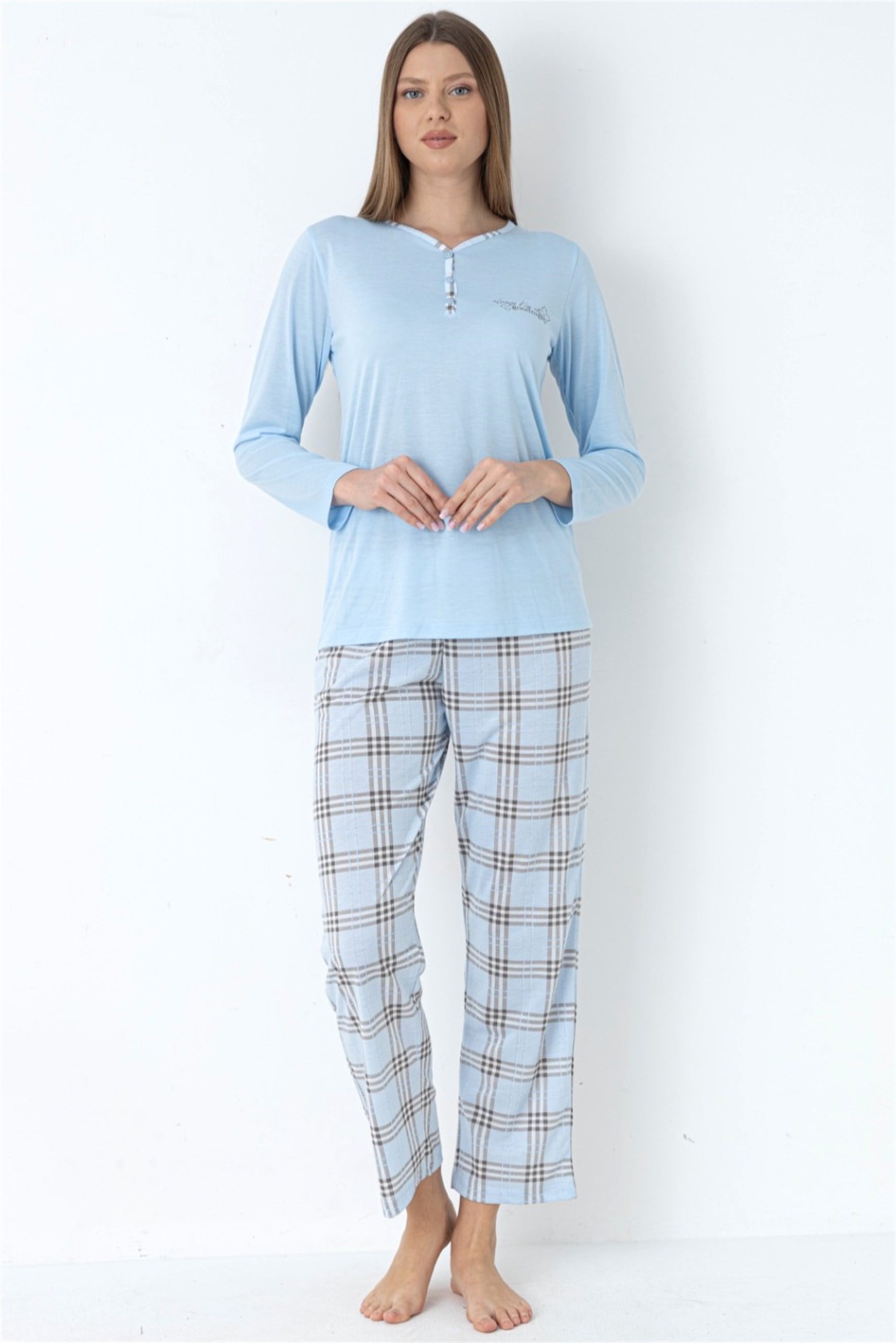 Ekose Desenli Viskon Pijama Takımı Uzun Kollu Rahat Ev Giyim FLZ 89-140