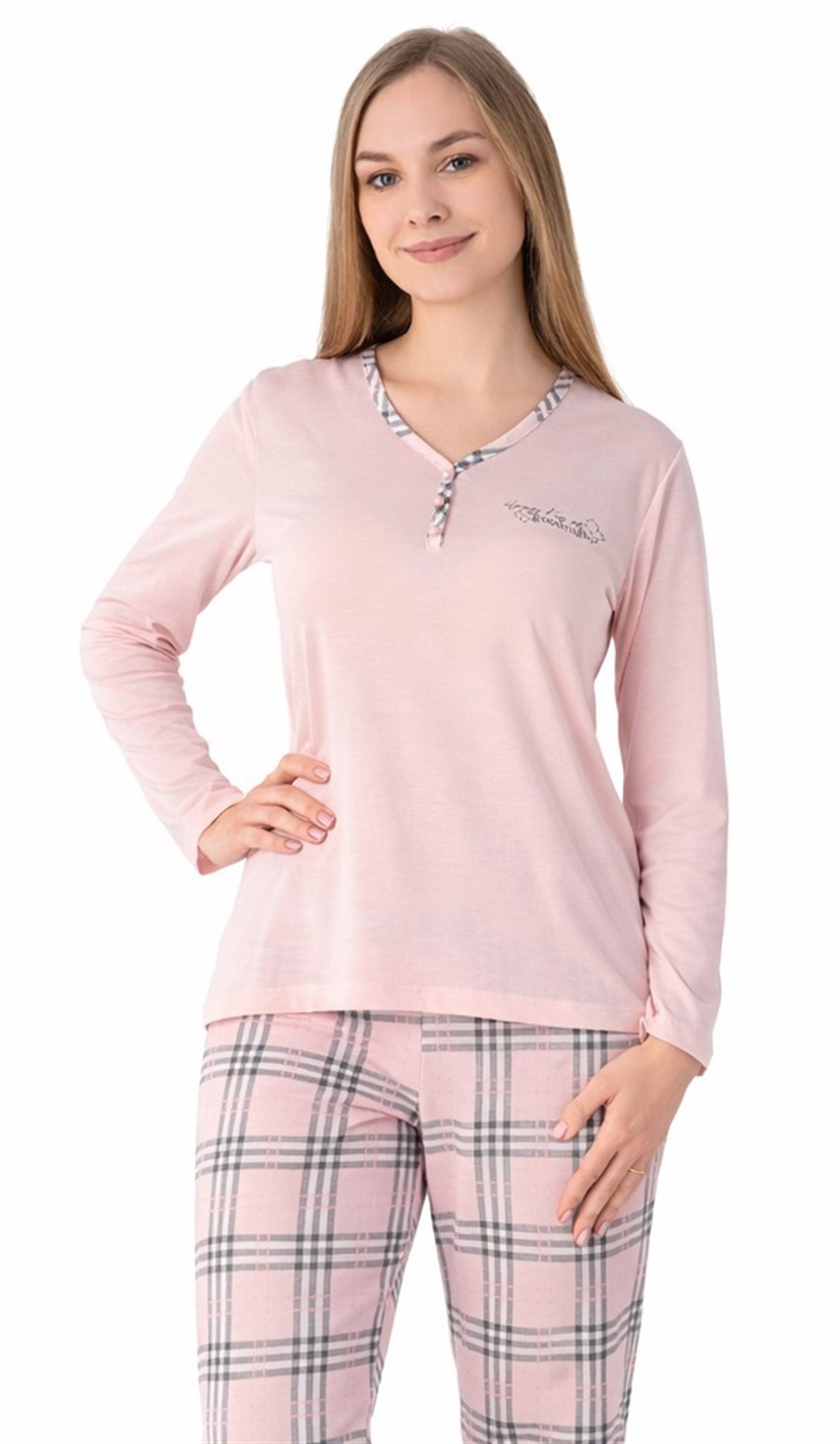 Ekose Desenli Viskon Pijama Takımı Uzun Kollu Rahat Ev Giyim FLZ 89-140