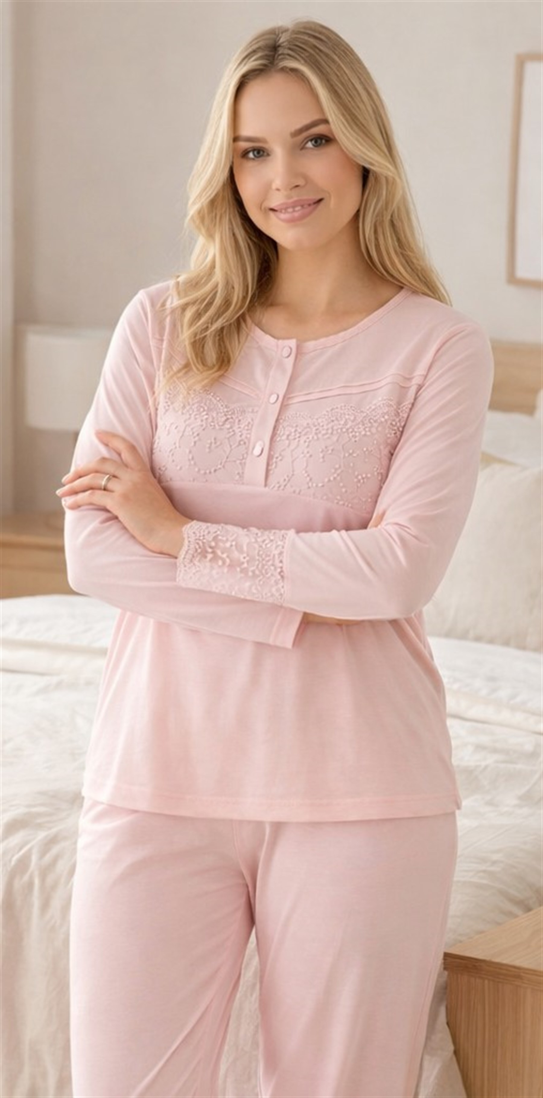 Dantel Detaylı Viskon Pijama Takımı Uzun Kollu Rahat Ev Giyim FLZ 89-141