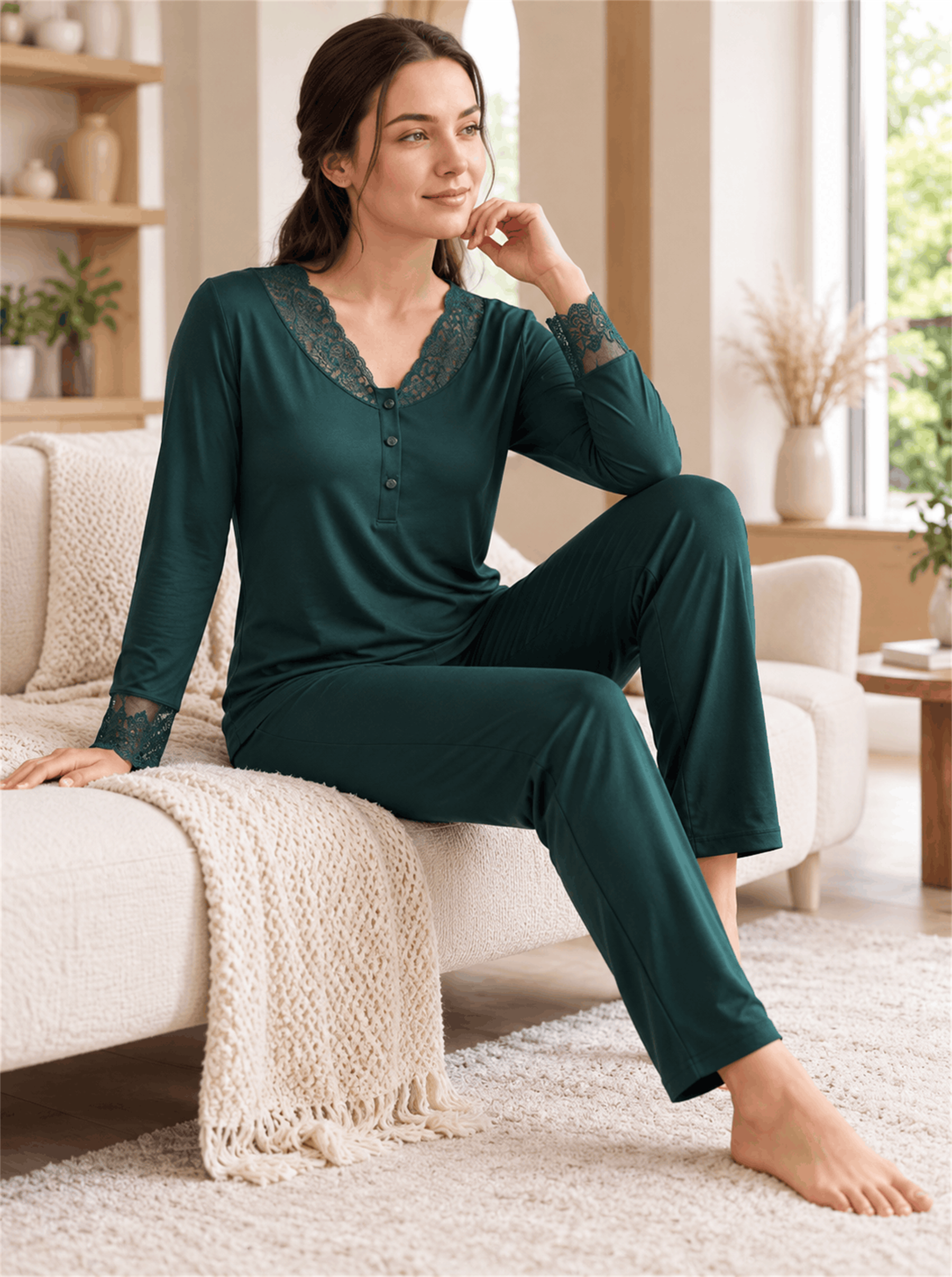 Kadın Viskon Pijama Takımı Uzun Kollu Dantel Detaylı Düğmeli Yaka Klasik Şık Rahat M-XXL 89-152