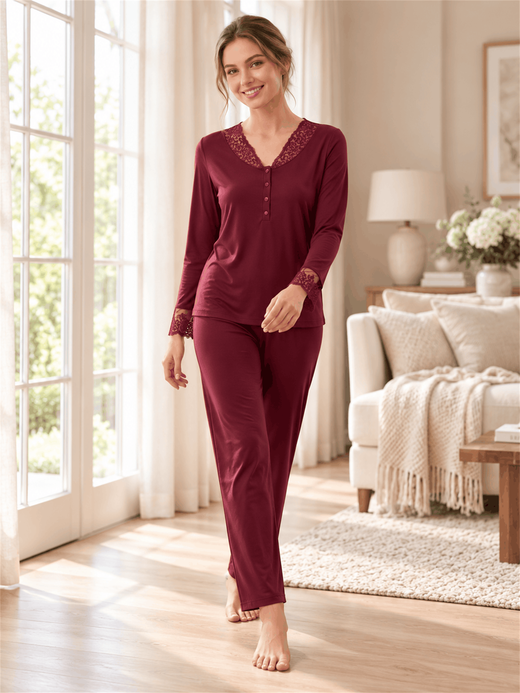 Kadın Viskon Pijama Takımı Uzun Kollu Dantel Detaylı Düğmeli Yaka Klasik Şık Rahat M-XXL 89-152