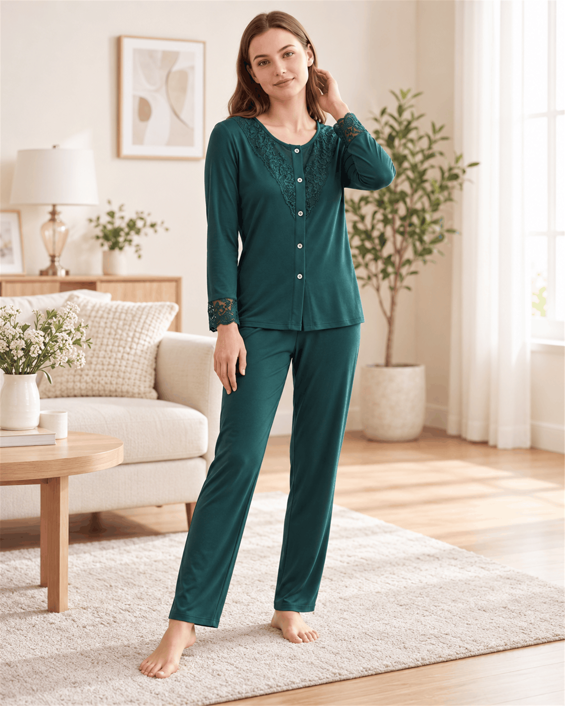 Kadın Viskon Pijama Takımı Uzun Kollu Boydan Düğmeli Dantel Detaylı Klasik Şık  M-XXL 89-153