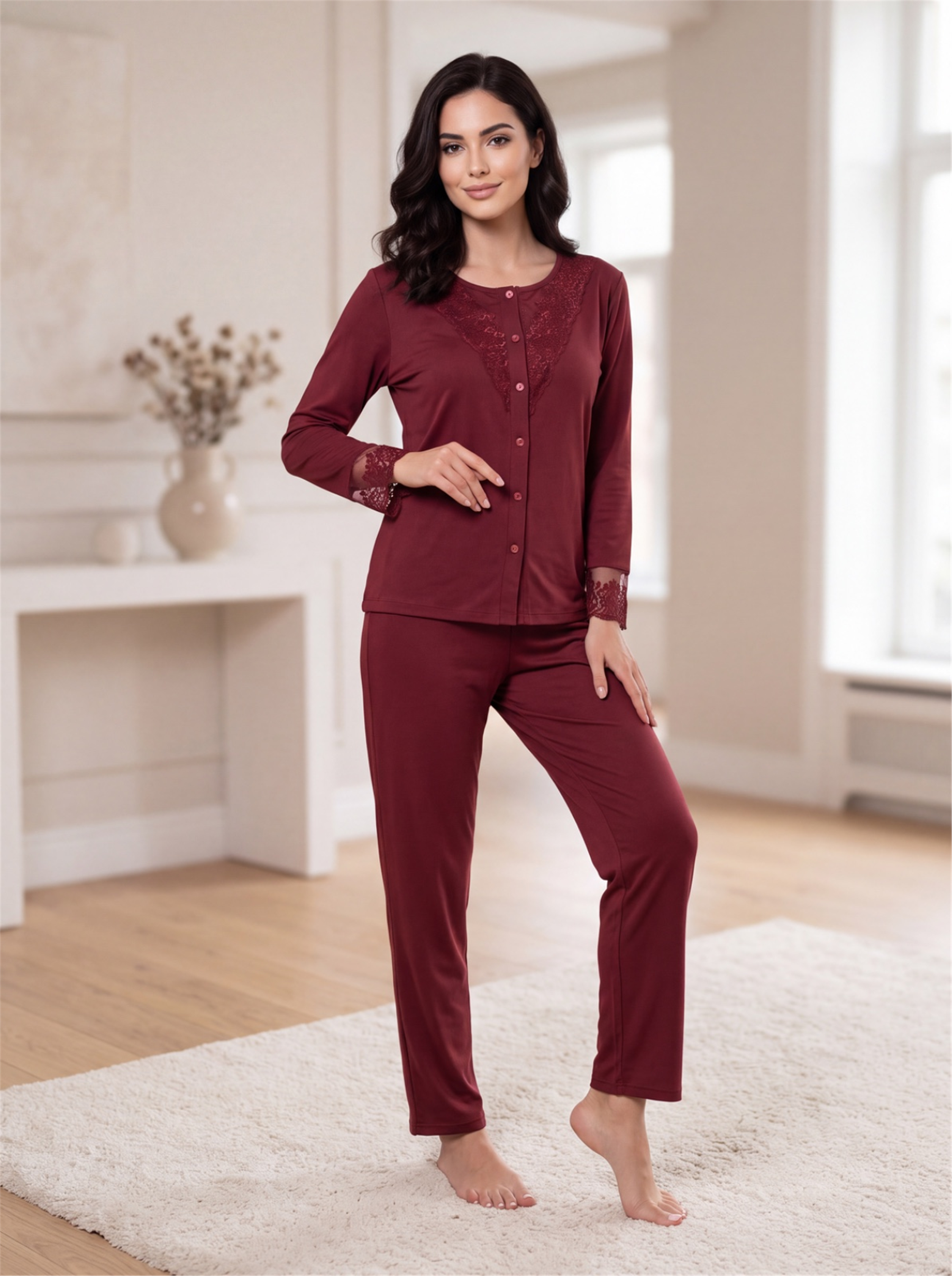 Kadın Viskon Pijama Takımı Uzun Kollu Boydan Düğmeli Dantel Detaylı Klasik Şık  M-XXL 89-153