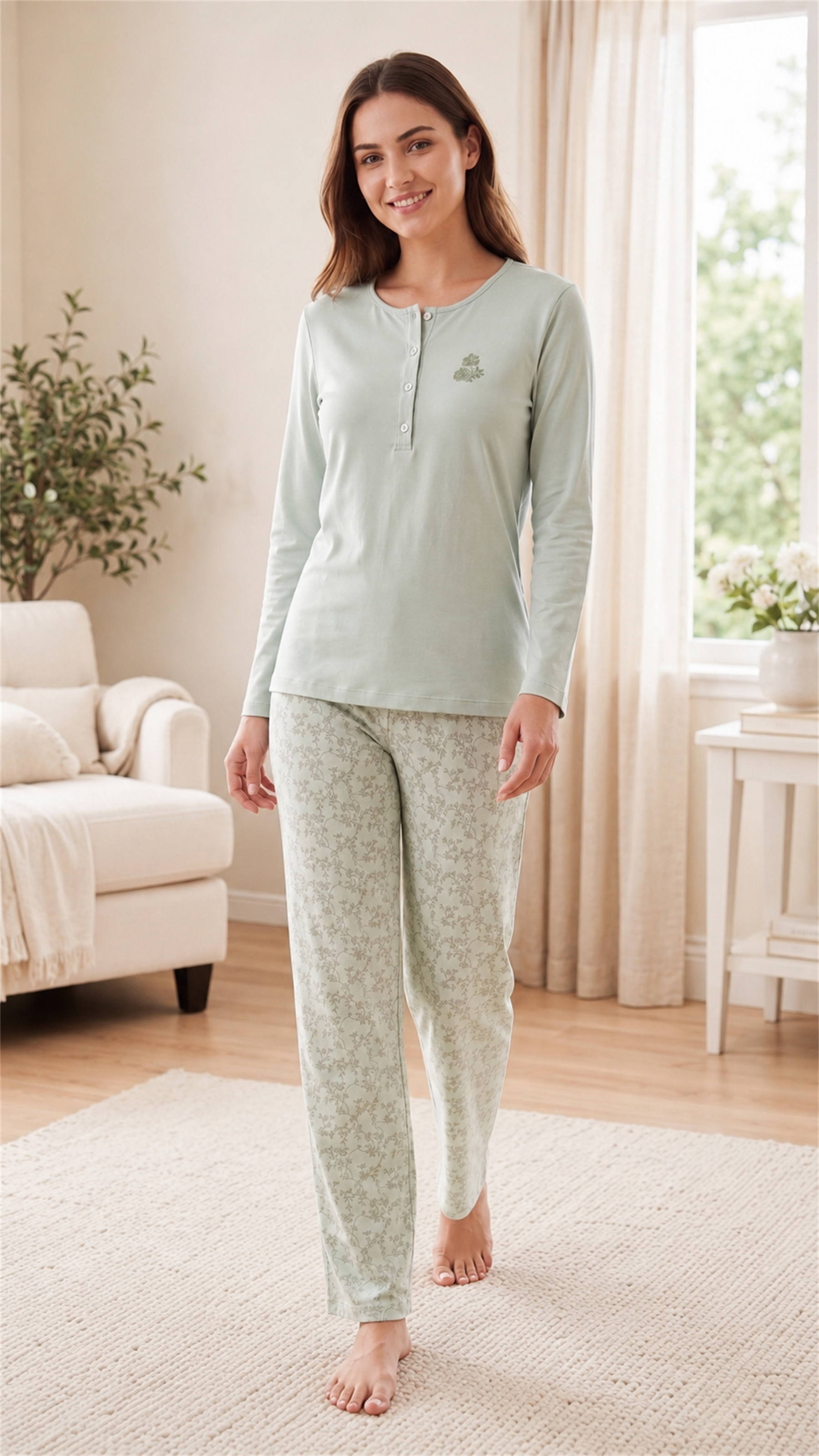 Kadın Viskon Pijama Takımı Kışlık Uzun Kollu Patlı Düğmeli Yaka Desenli Pantolon M L XL XXL 89-156