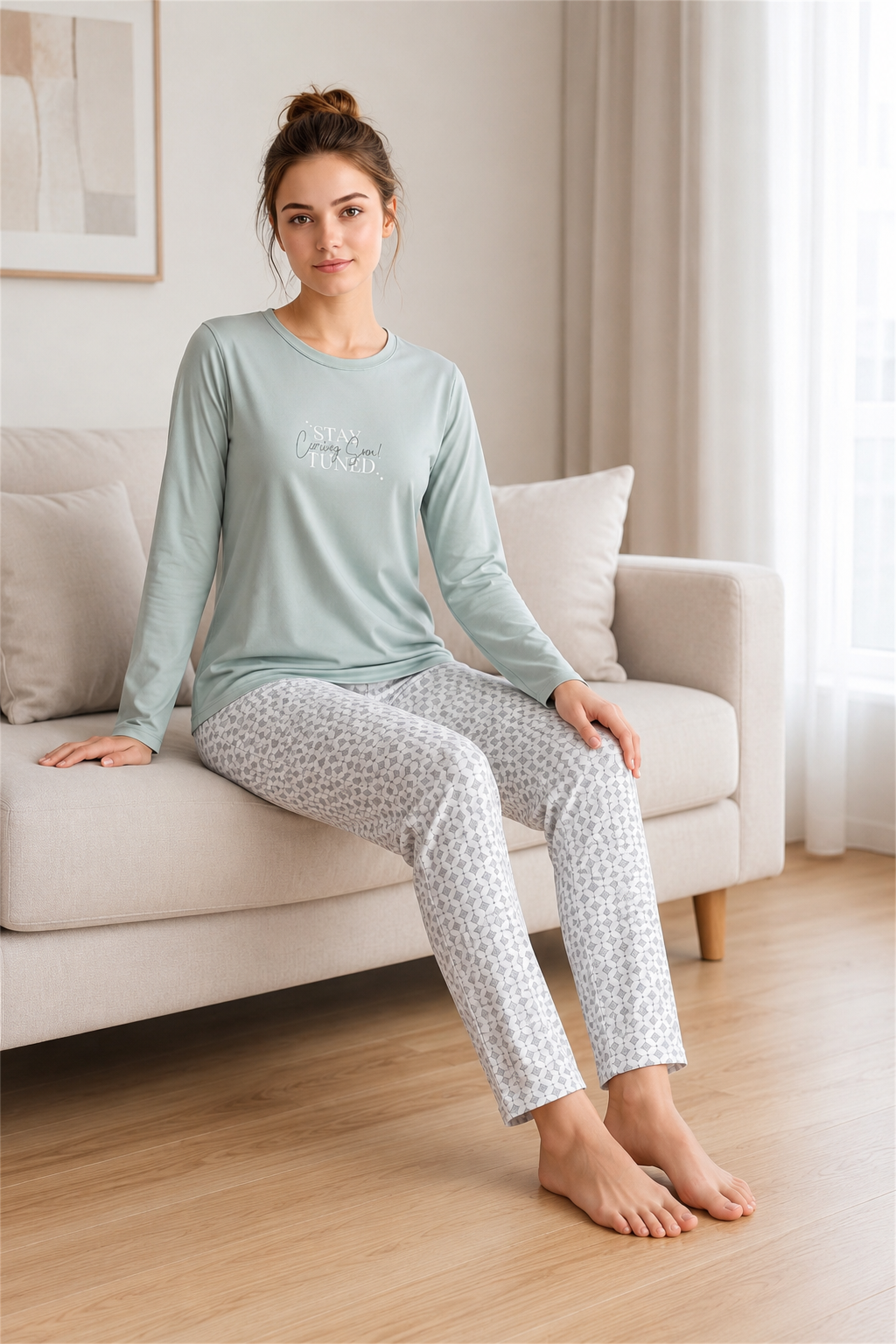 Kadın Kışlık Viskon Pijama Takımı Uzun Kollu Bisiklet Yaka Desenli Pantolon M L XL XXL 89-160