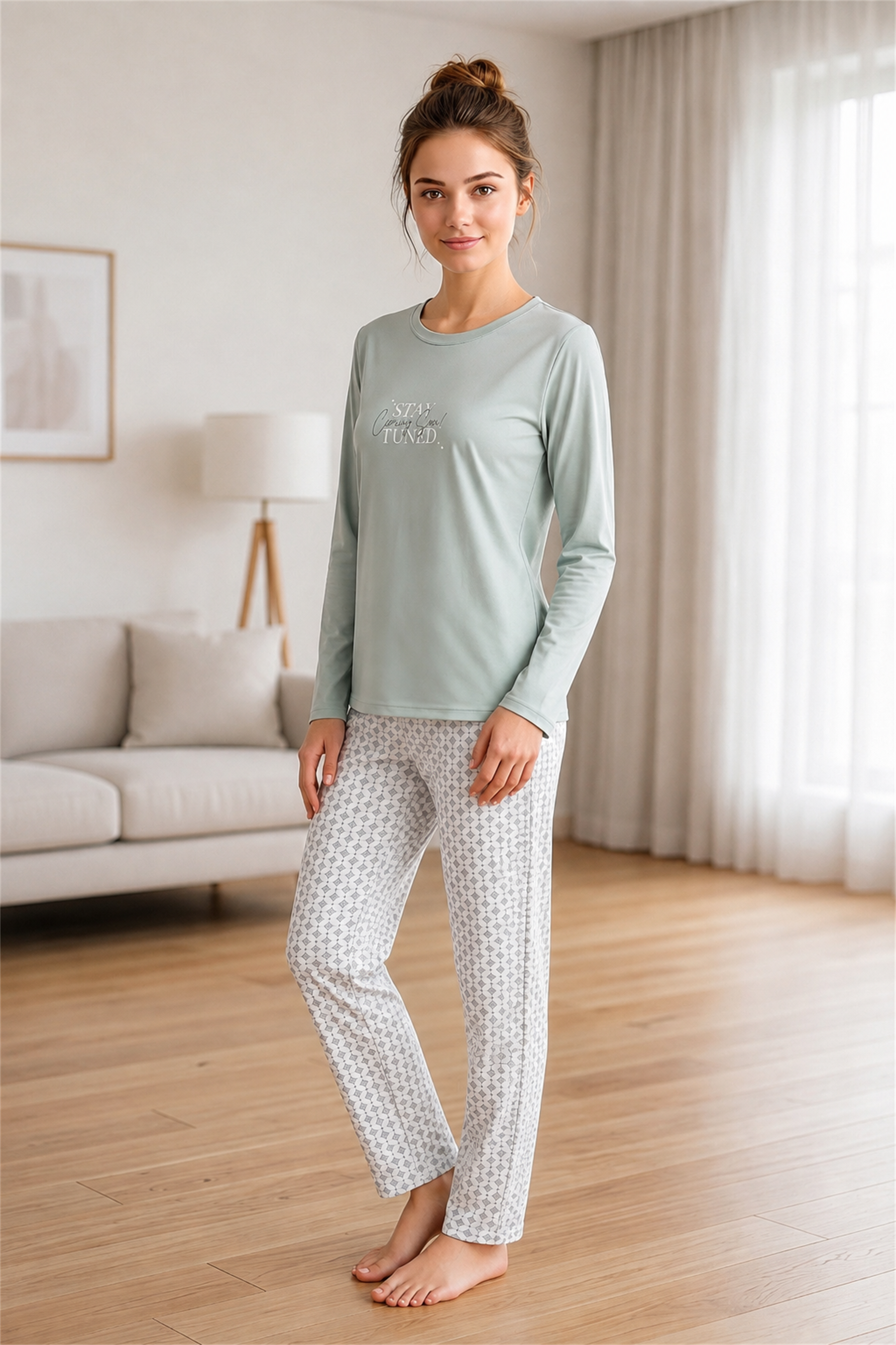 Kadın Kışlık Viskon Pijama Takımı Uzun Kollu Bisiklet Yaka Desenli Pantolon M L XL XXL 89-160