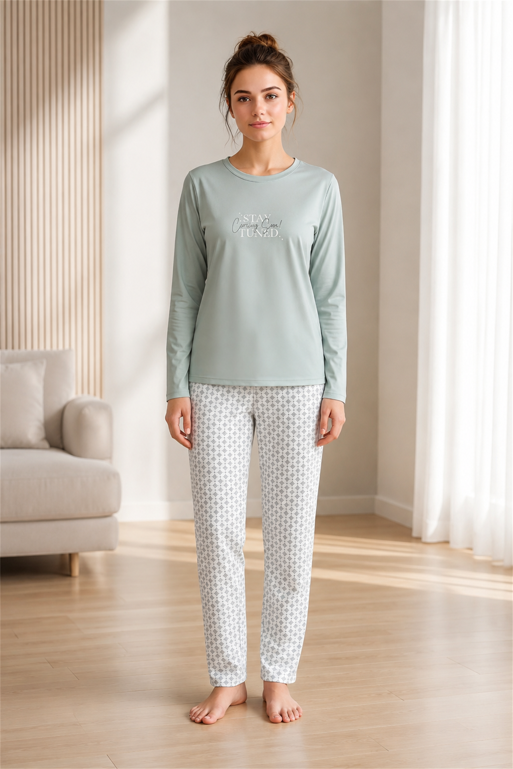 Kadın Kışlık Viskon Pijama Takımı Uzun Kollu Bisiklet Yaka Desenli Pantolon M L XL XXL 89-160