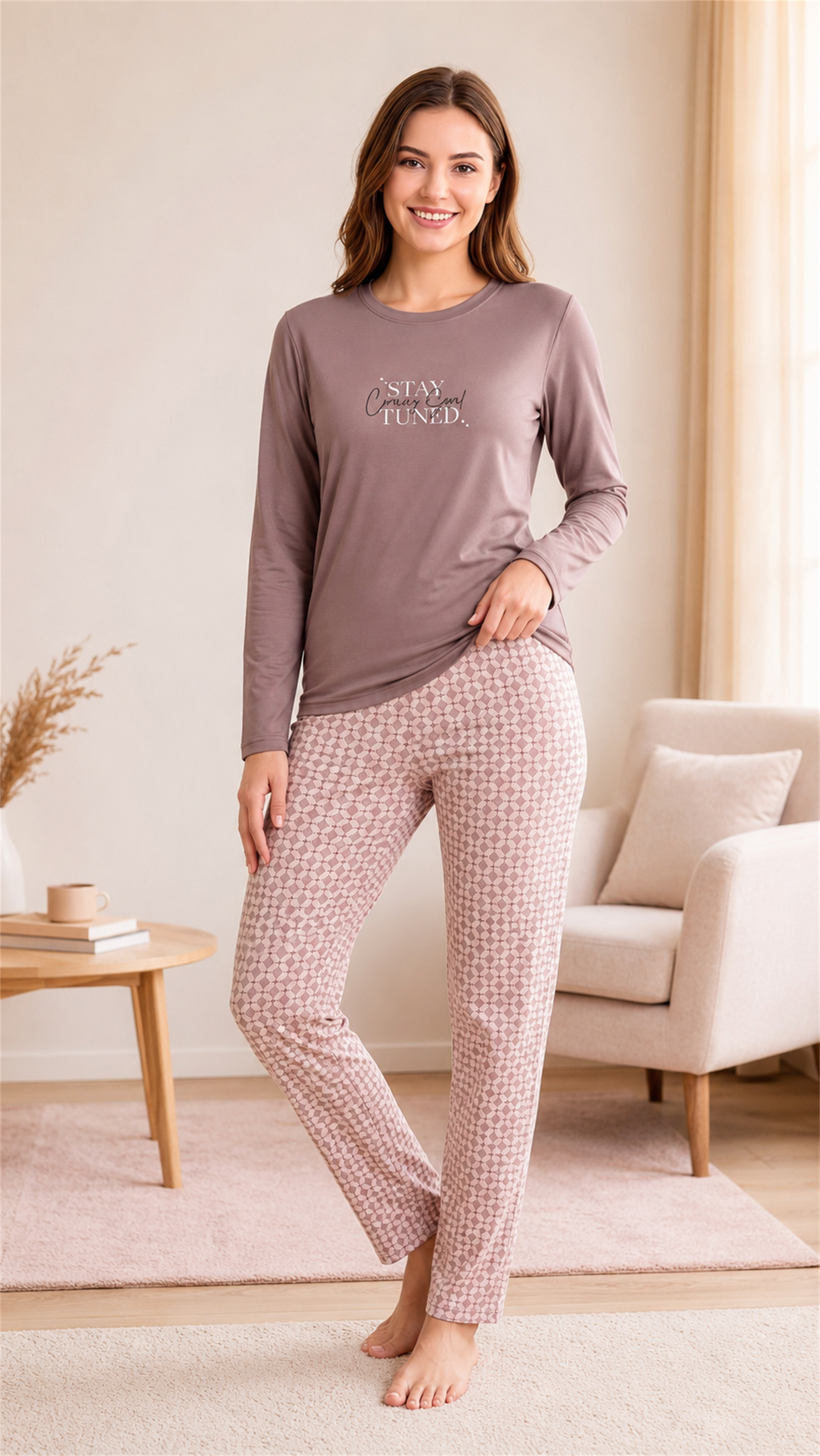 Kadın Kışlık Viskon Pijama Takımı Uzun Kollu Bisiklet Yaka Desenli Pantolon M L XL XXL 89-160