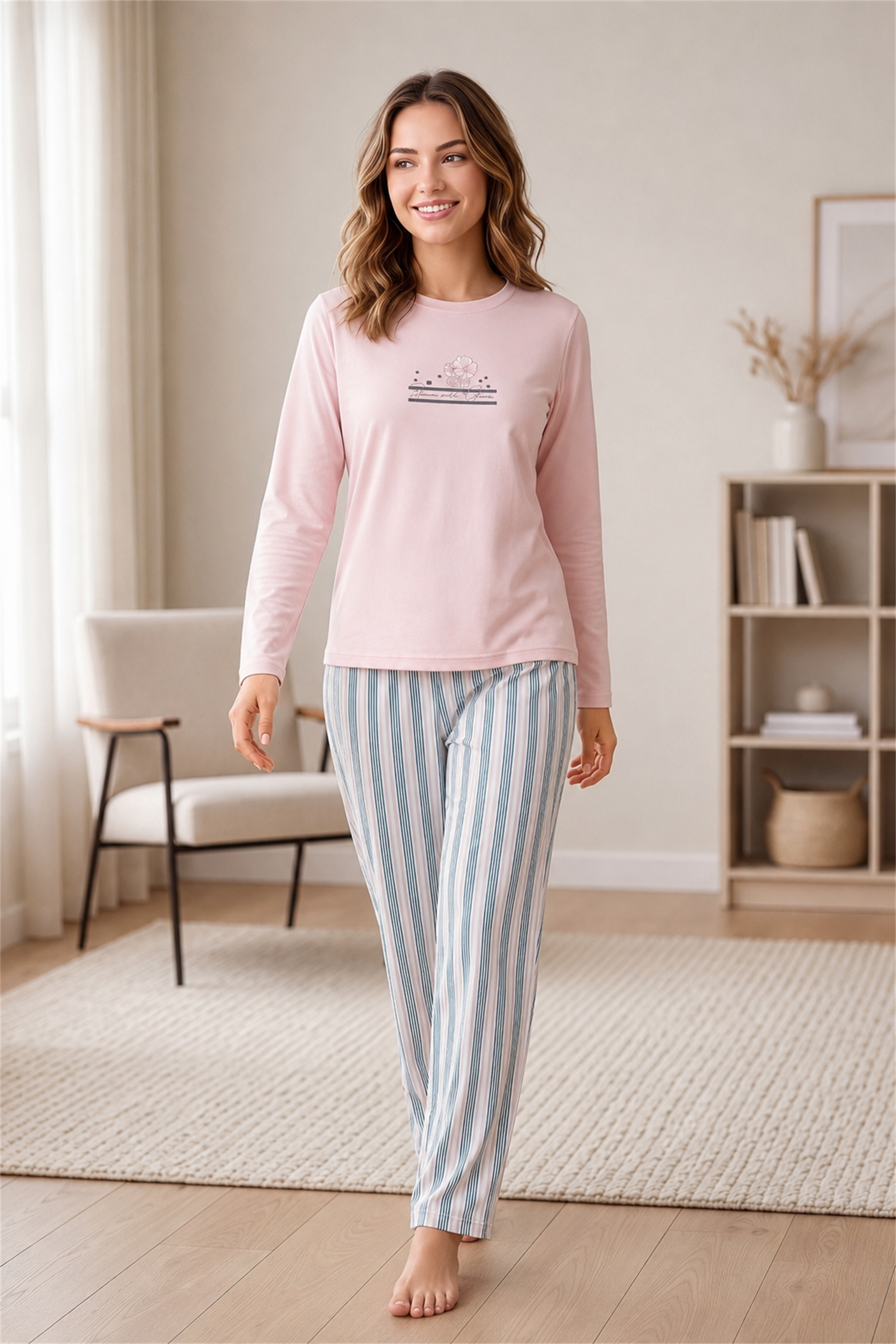 Kadın Kışlık Viskon Pijama Takımı Uzun Kollu Çizgili Pantolon Rahat Kalıp M L XL XXL 89-162