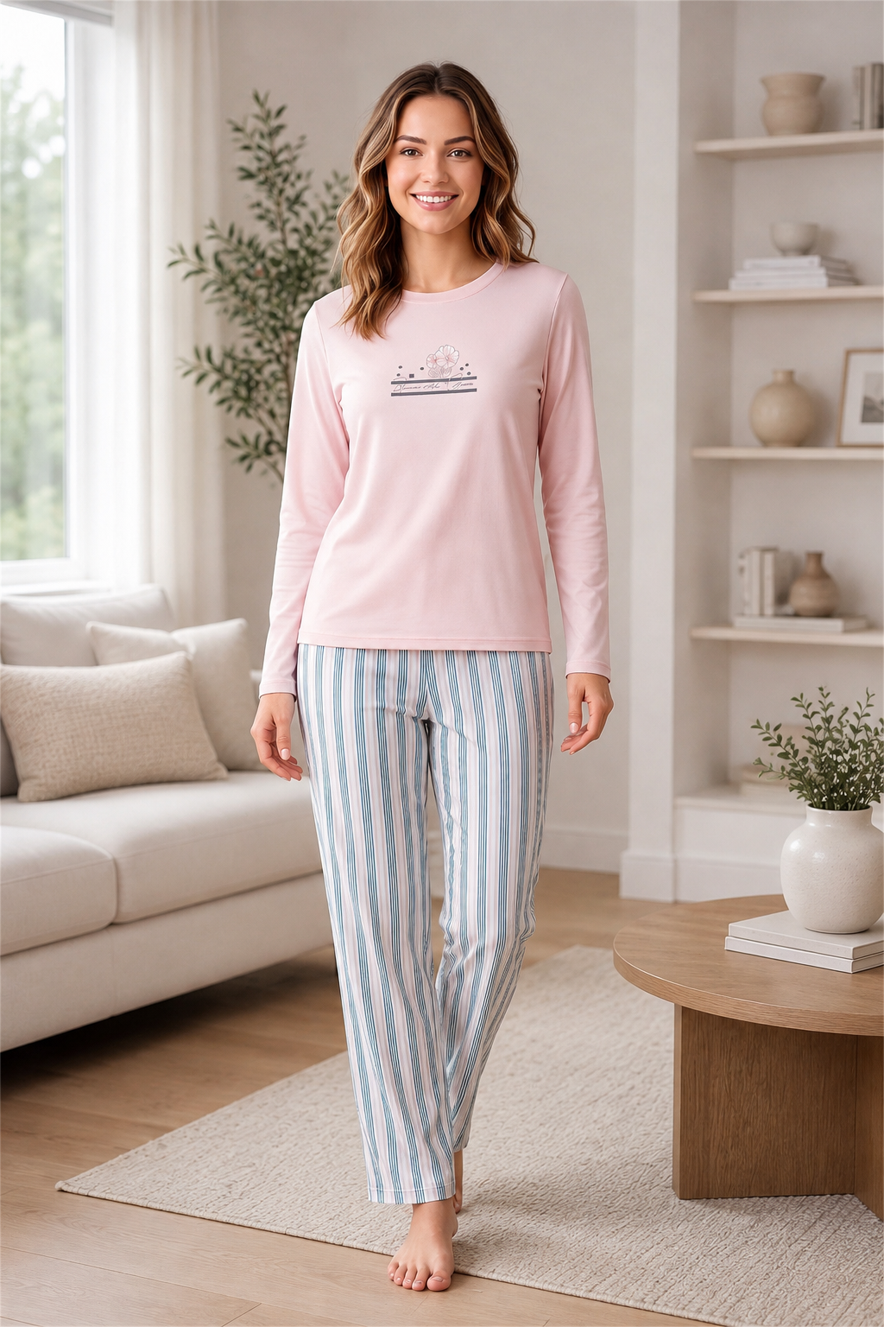 Kadın Kışlık Viskon Pijama Takımı Uzun Kollu Çizgili Pantolon Rahat Kalıp M L XL XXL 89-162