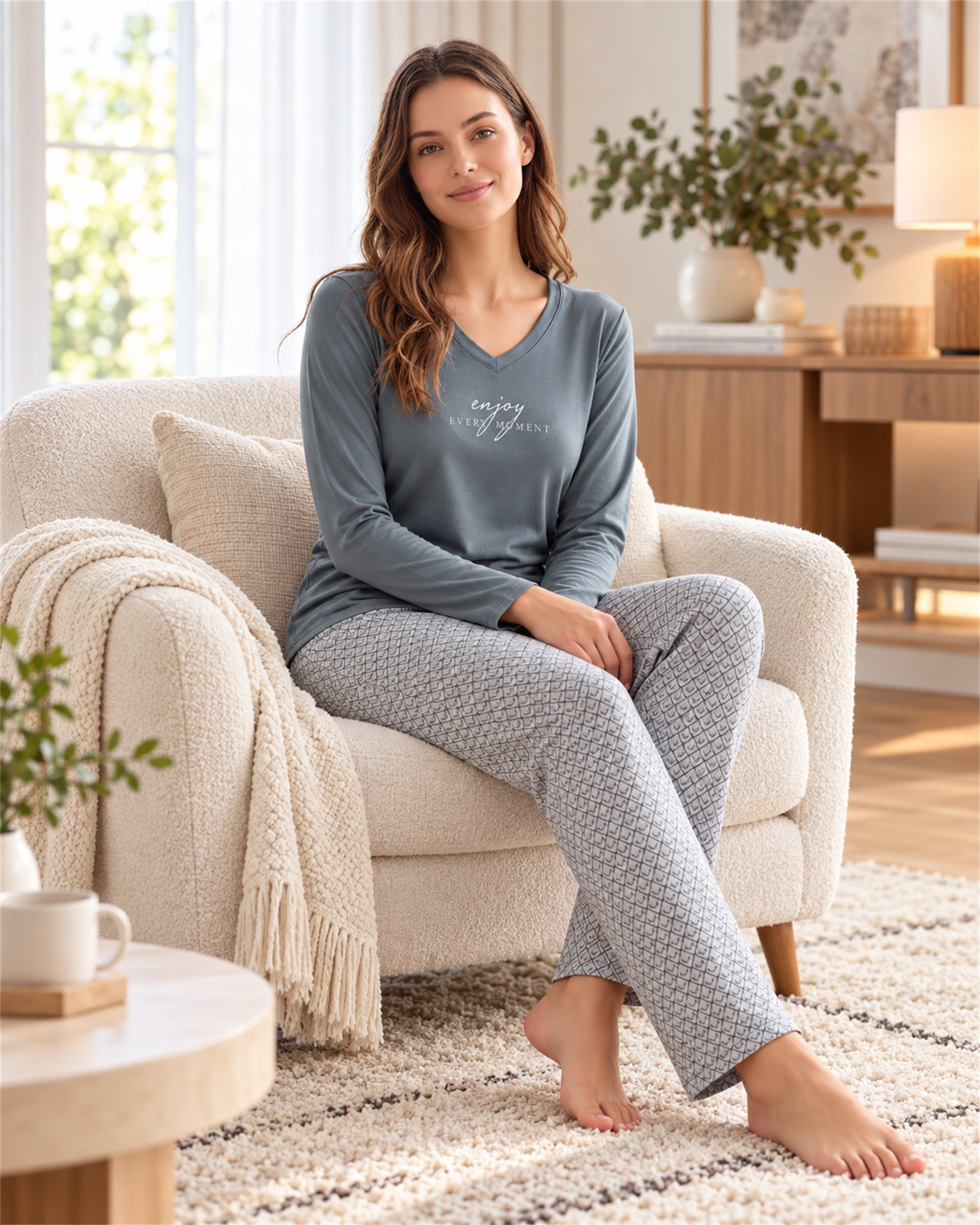 Kadın Viskon Pijama Takımı Uzun Kollu V Yaka Desenli Pantolon Modern Homewear Ev Giyim 89-166