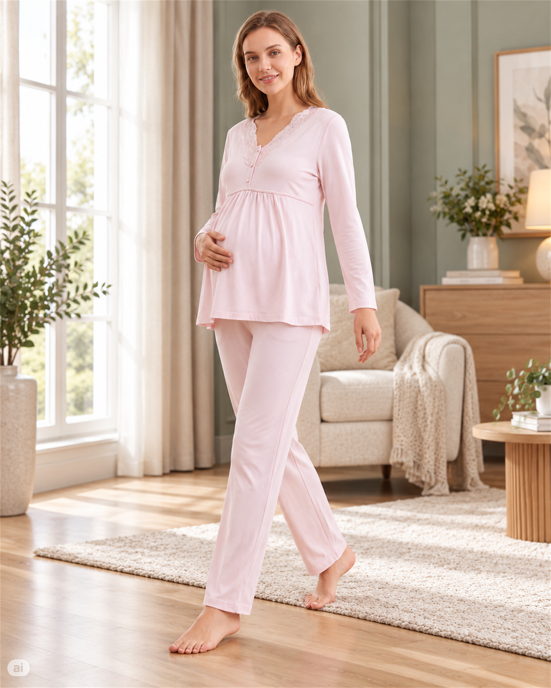 Hamile Lohusa Viskon Pijama Takımı Uzun Kollu Dantel Detaylı Emzirme Uyumlu 25-15