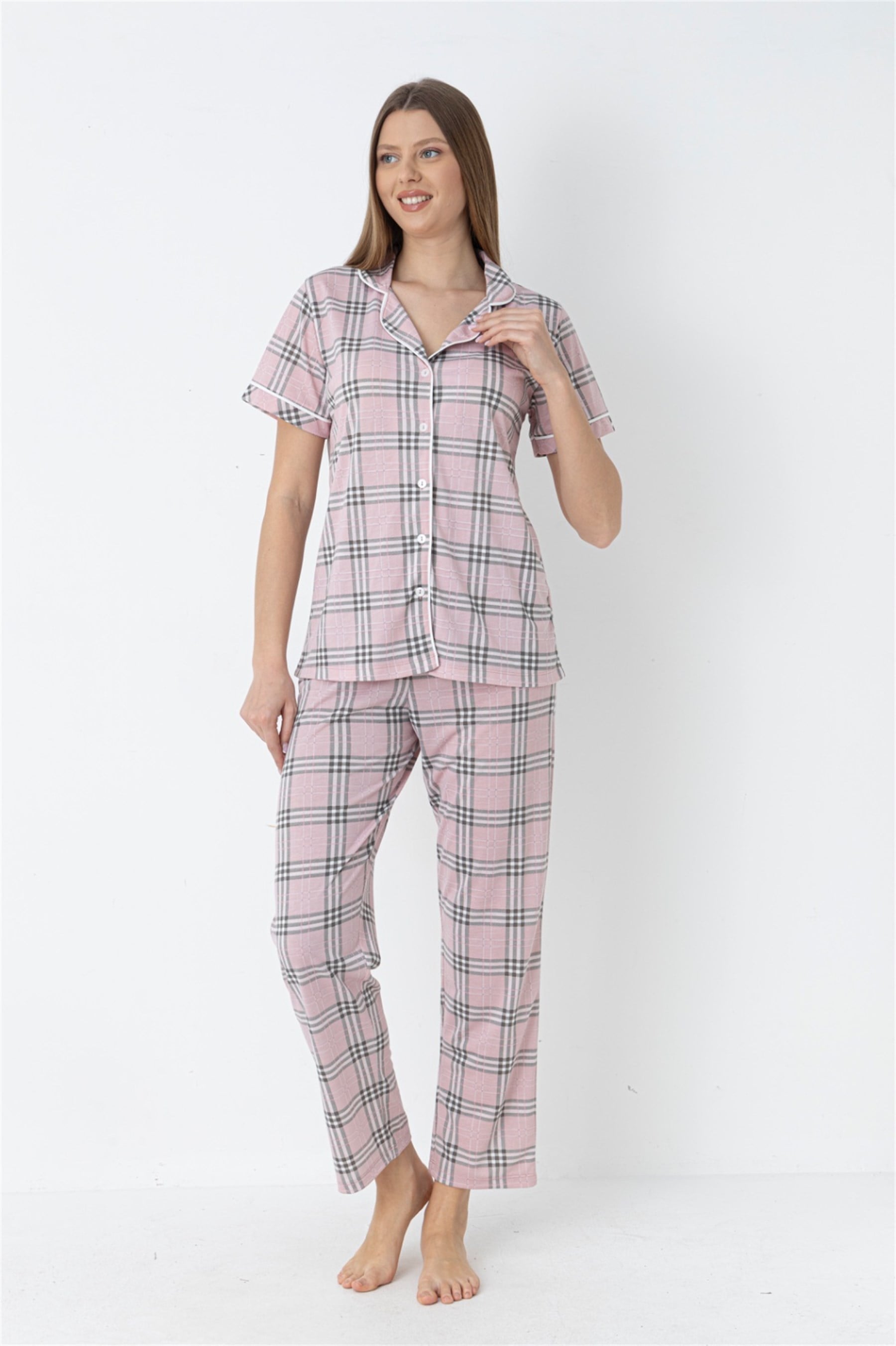 Kadın Ekose Pijama Takımı – Boydan Düğmeli Rahat Ev Giyim Takımı | FLZ 88-133