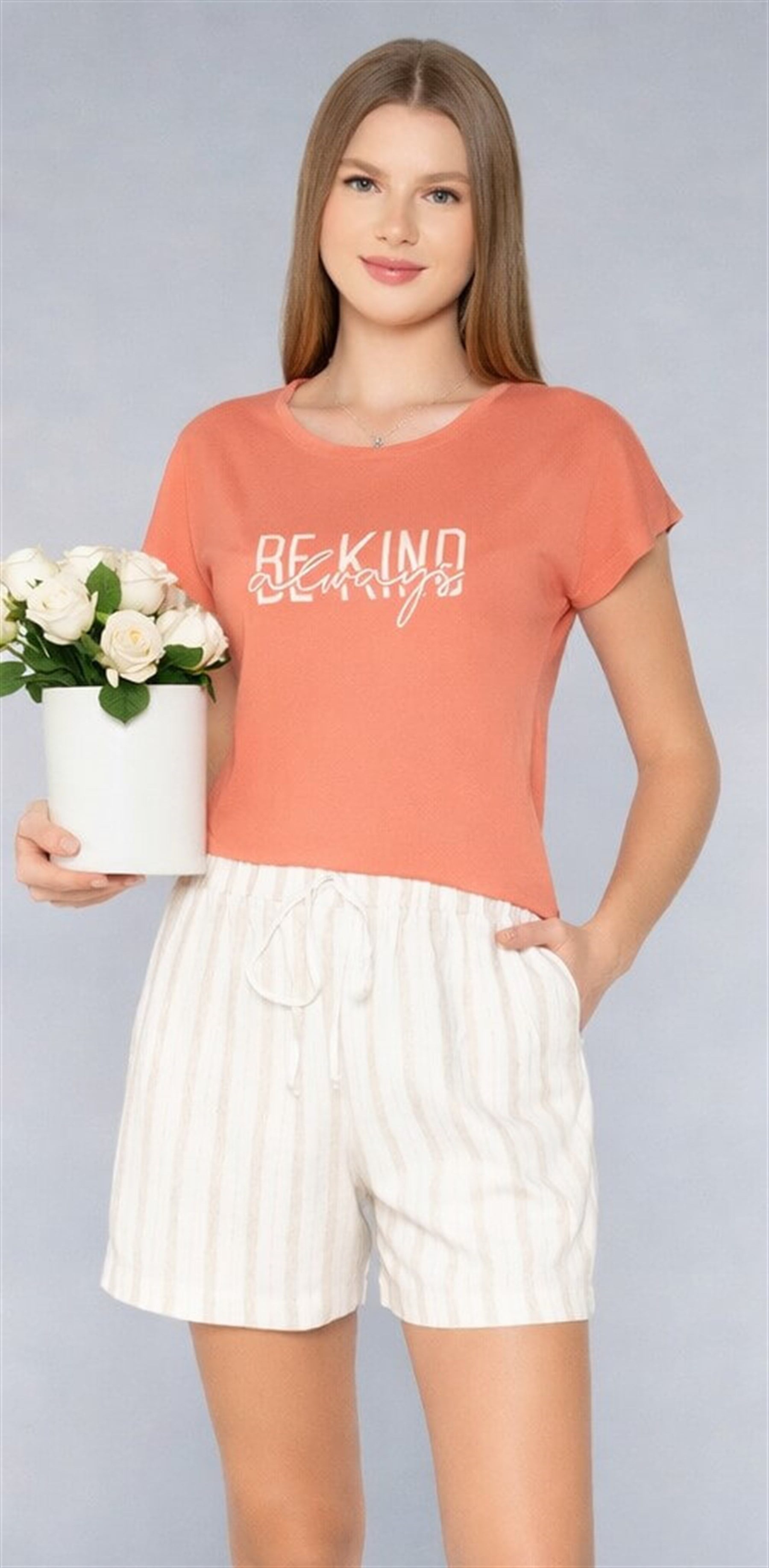 Kadın Ev Giyim Şortlu Pijama Takımı Yazlık Rahat Tişört Şort DOWRY 06-62