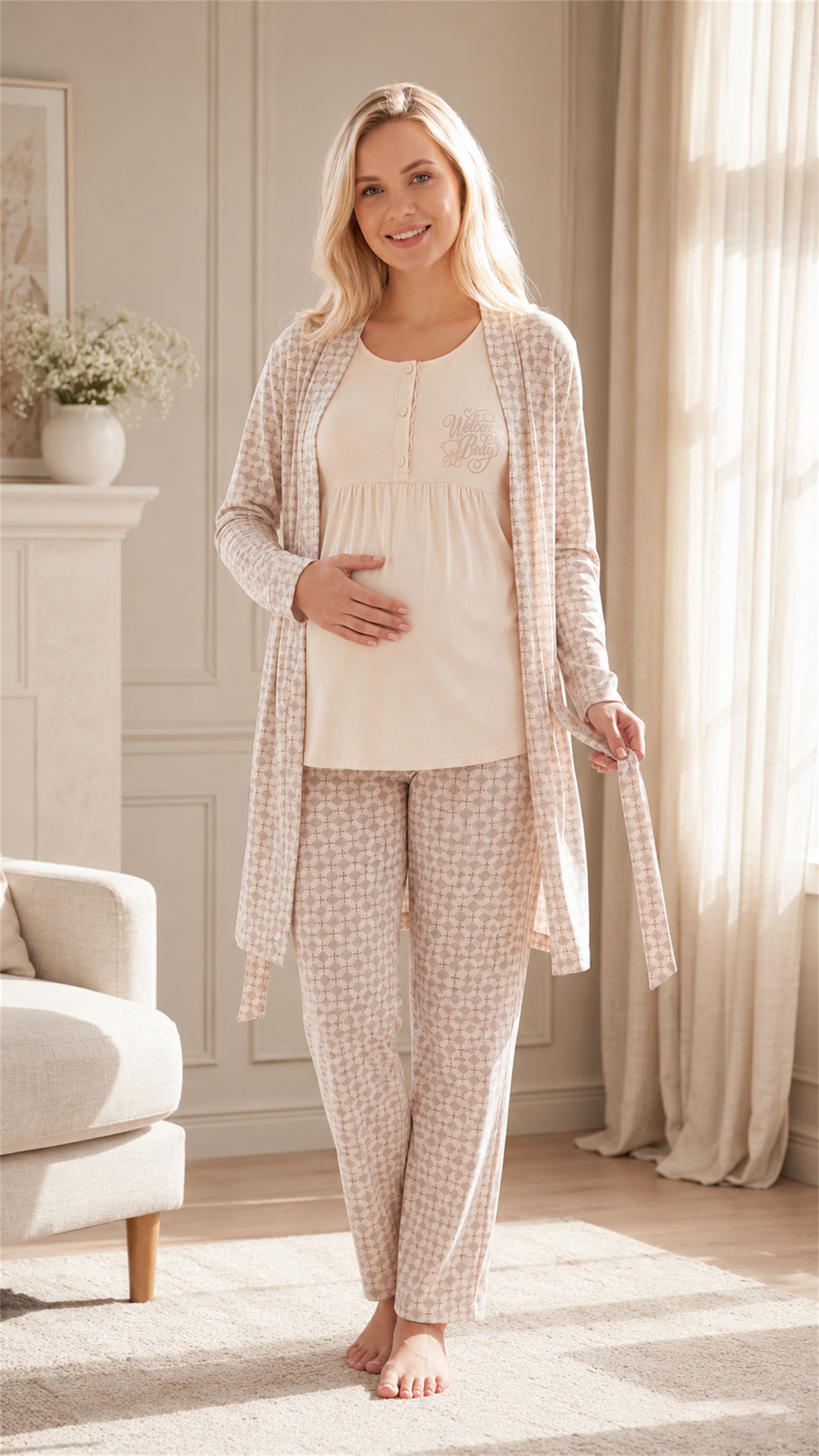 Kadın Lohusa Hamile 3lü Viskon Pijama Takımı Sabahlıklı Uzun Kollu Hastane Çıkışı M L XL XXL 31-152