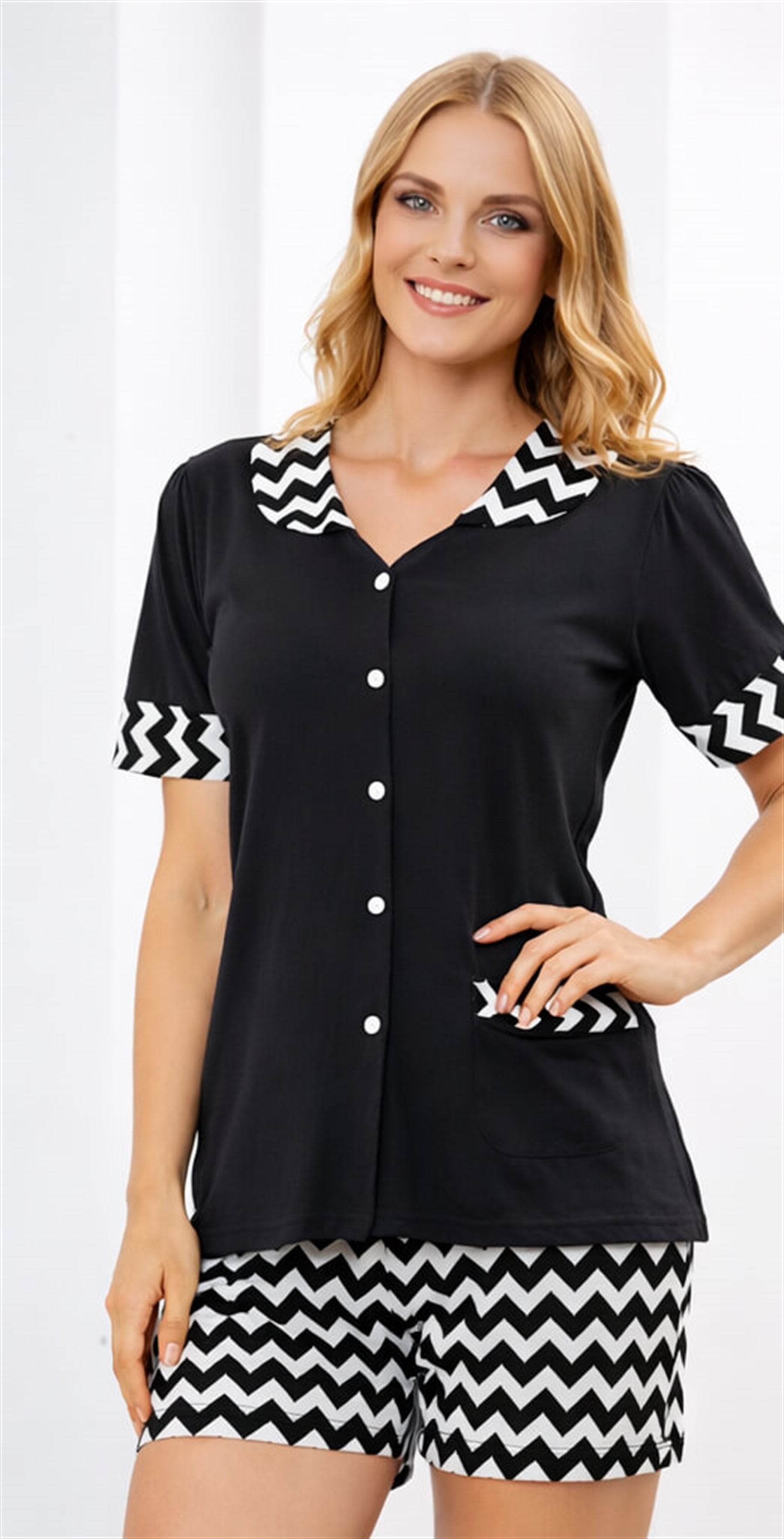 Kadın Şortlu Takım – Düğmeli Yazlık Ev Giyim Takımı Rahat Şık Pijama Takımı DOWRY 06-291