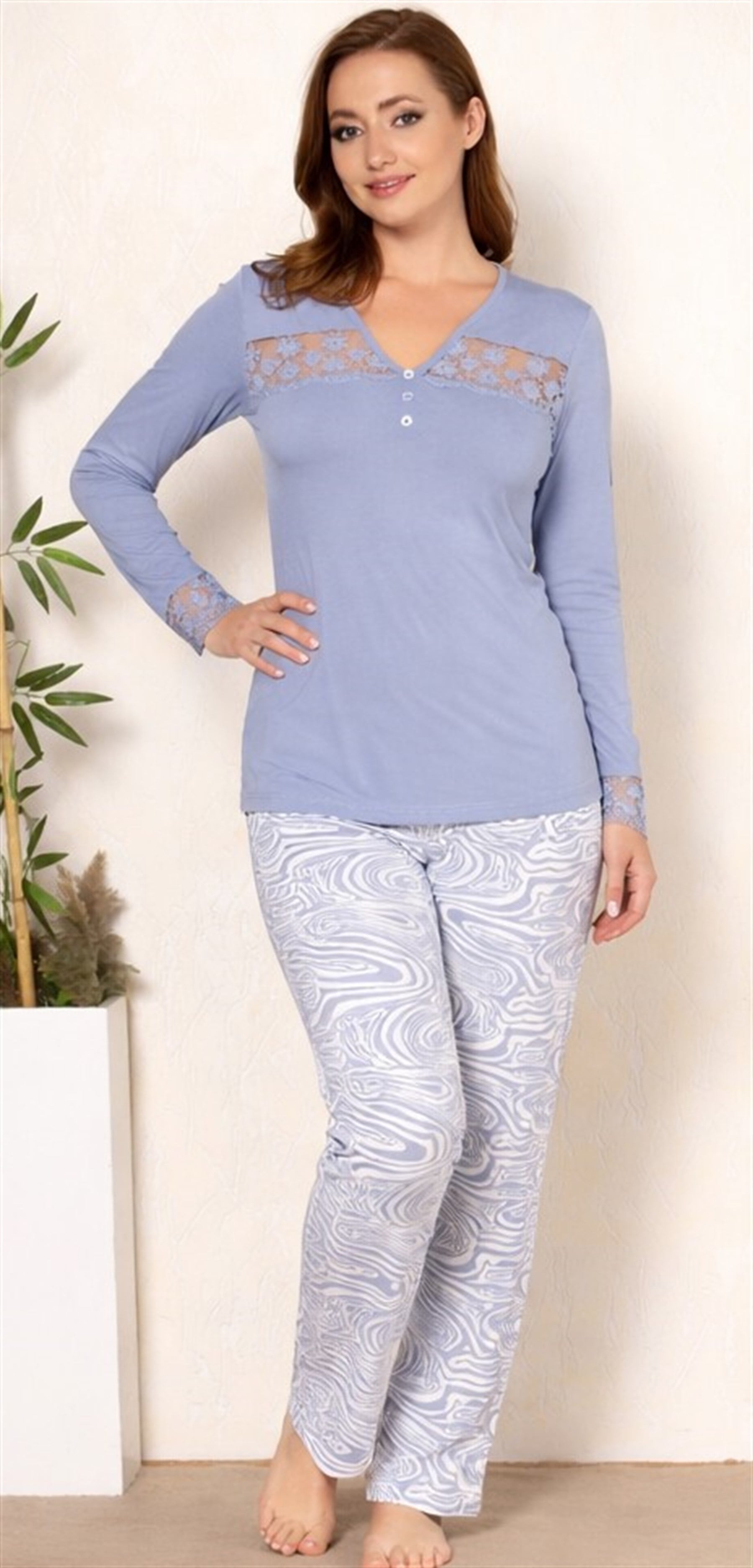 KADIN UZUN KOL DANTEL DETAYLI MODAL EMPİRME PİJAMA TAKIMI FLZ 89-42