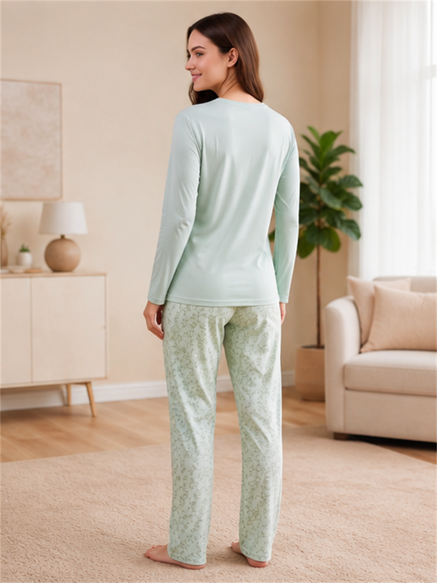 Kadın Viskon Pijama Takımı Kışlık Uzun Kollu Bisiklet Yaka Desenli Rahat Pijama M L XL XXL 89-157