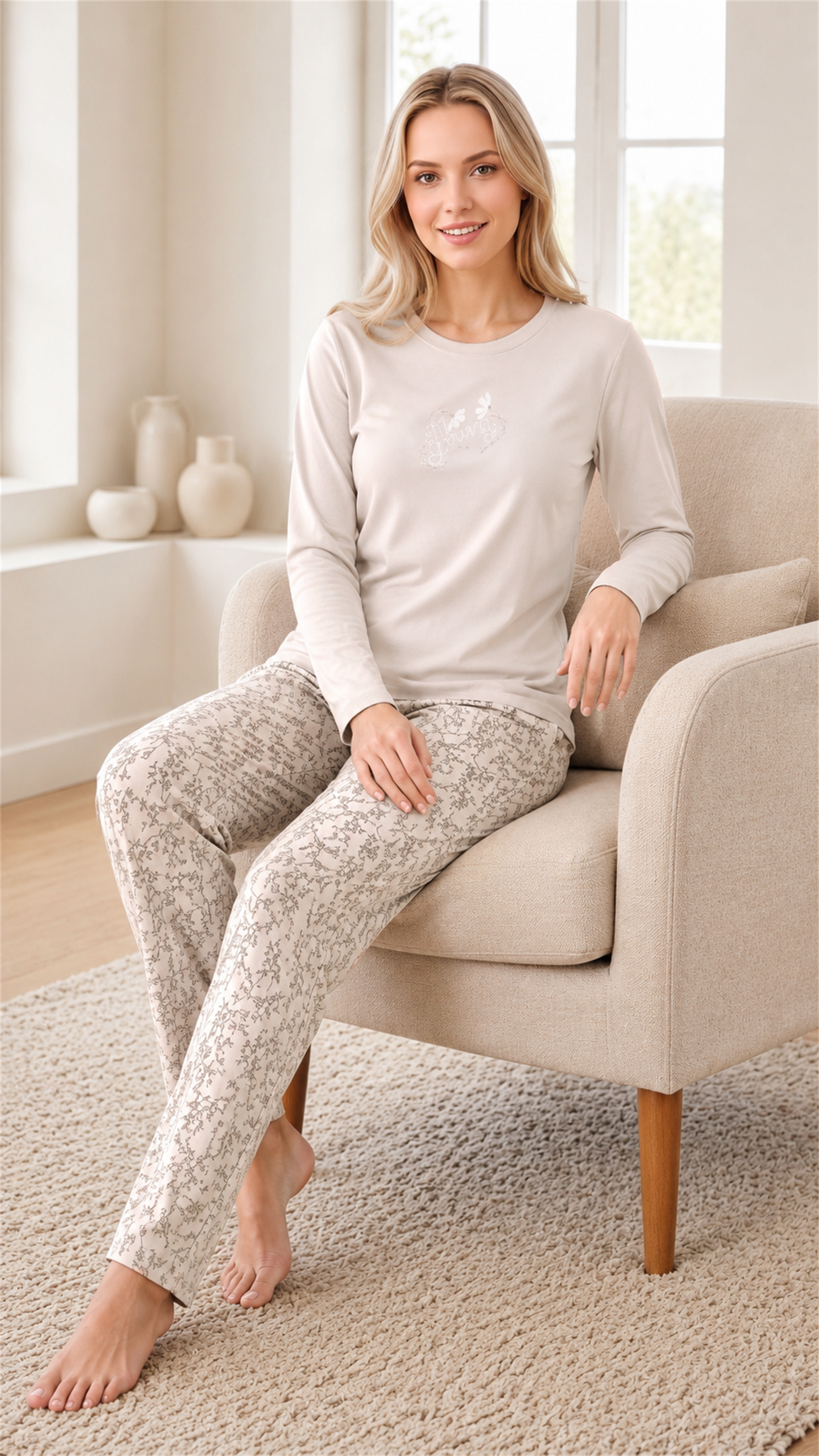 Kadın Viskon Pijama Takımı Kışlık Uzun Kollu Bisiklet Yaka Desenli Rahat Pijama M L XL XXL 89-157