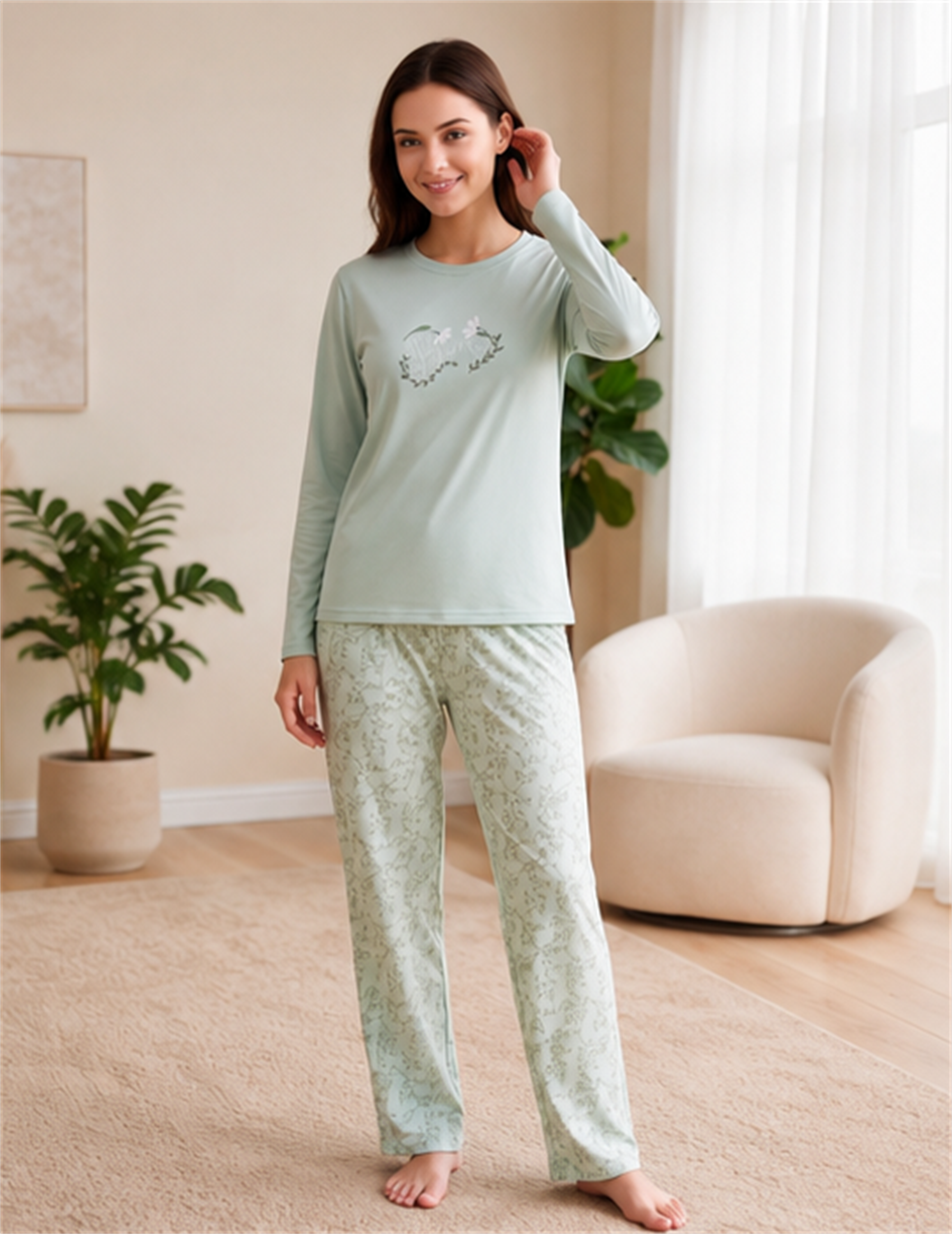 Kadın Viskon Pijama Takımı Kışlık Uzun Kollu Bisiklet Yaka Desenli Rahat Pijama M L XL XXL 89-157