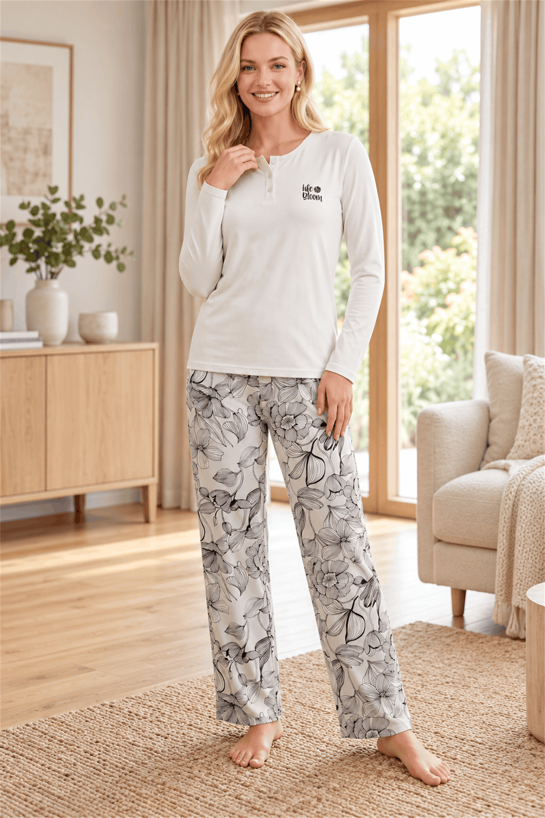 Kadın Viskon Pijama Takımı Uzun Kollu 3 Düğmeli Patlı Yaka Çiçek Desenli Rahat Kesim Şık Homewear M-XXL 89-171