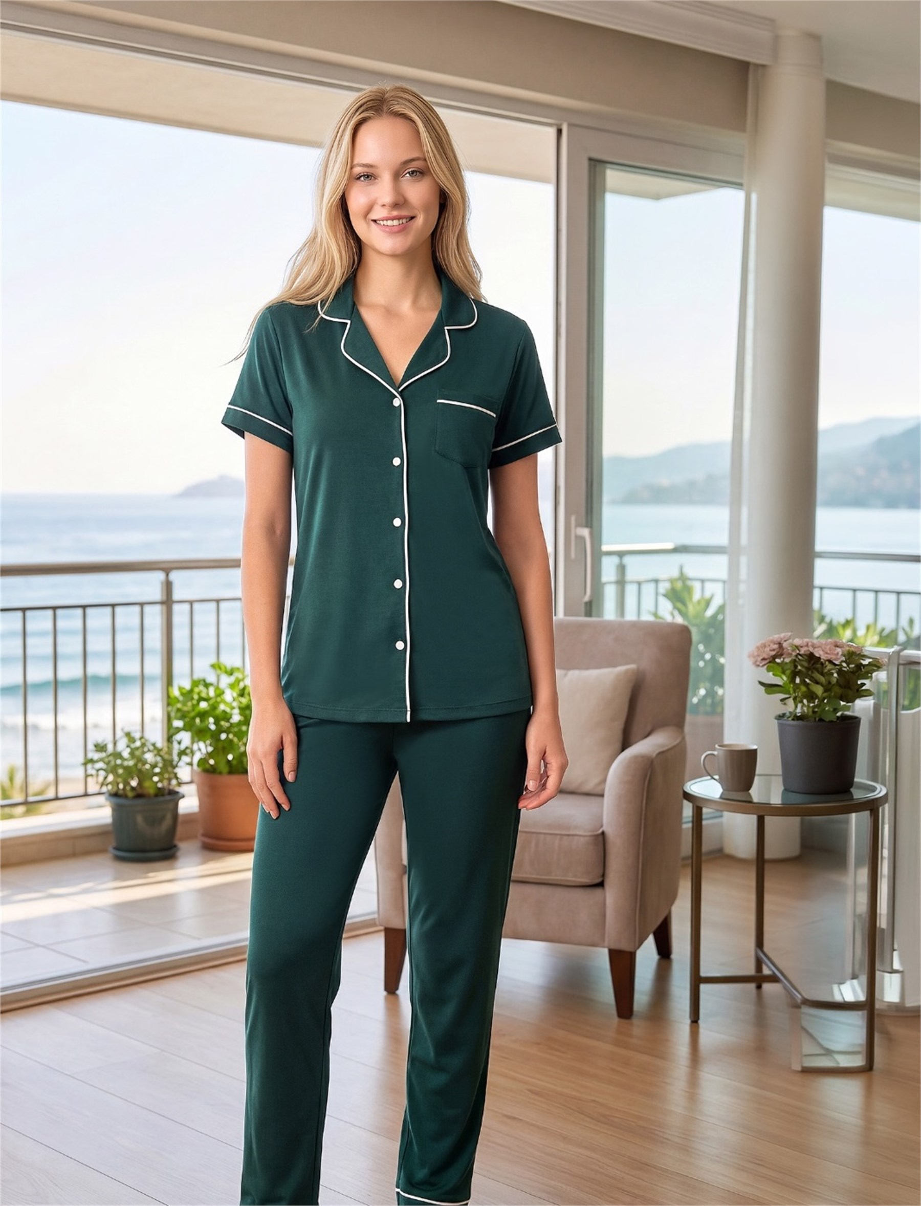 Kadın Viskon Pijama Takımı Yazlık Kısa Kollu Boydan Düğmeli Biyeli Şık Pijama M L XL XXL 780-108