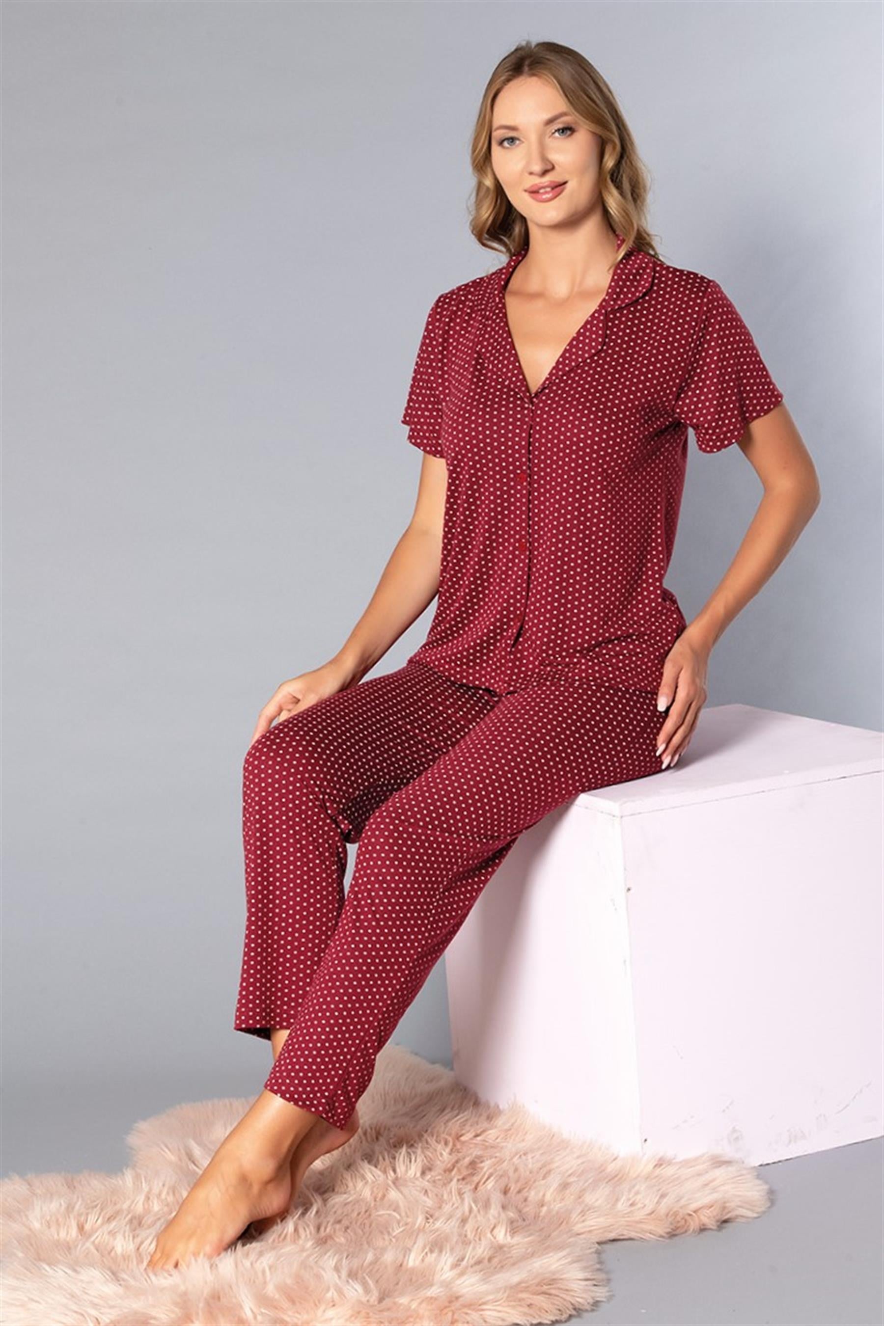 Boydan Düğmeli Kısa Kollu Gömlek Pijama Takımı - Yazlık Puan Desenli Yumuşak Milan Kumaş - Poppy 58-07