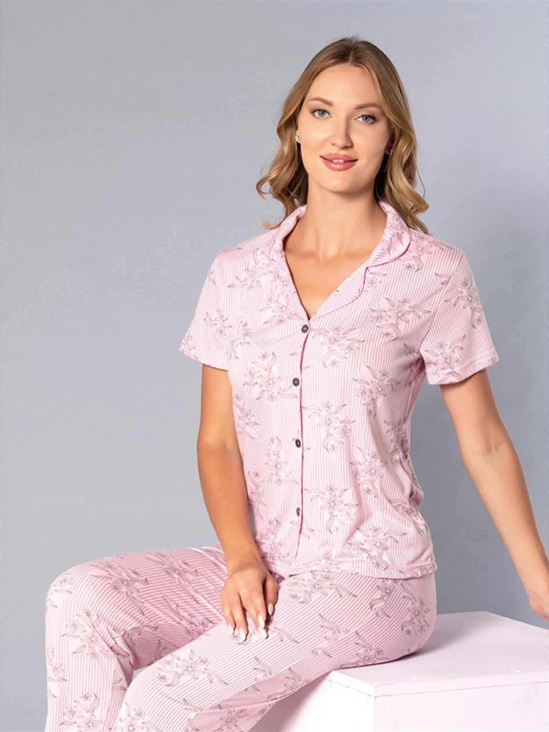 Boydan Düğmeli Kısa Kollu Gömlek Pijama Takımı - Yazlık Çiçek Desenli Yumuşak Milan Kumaş - Poppy 58-03