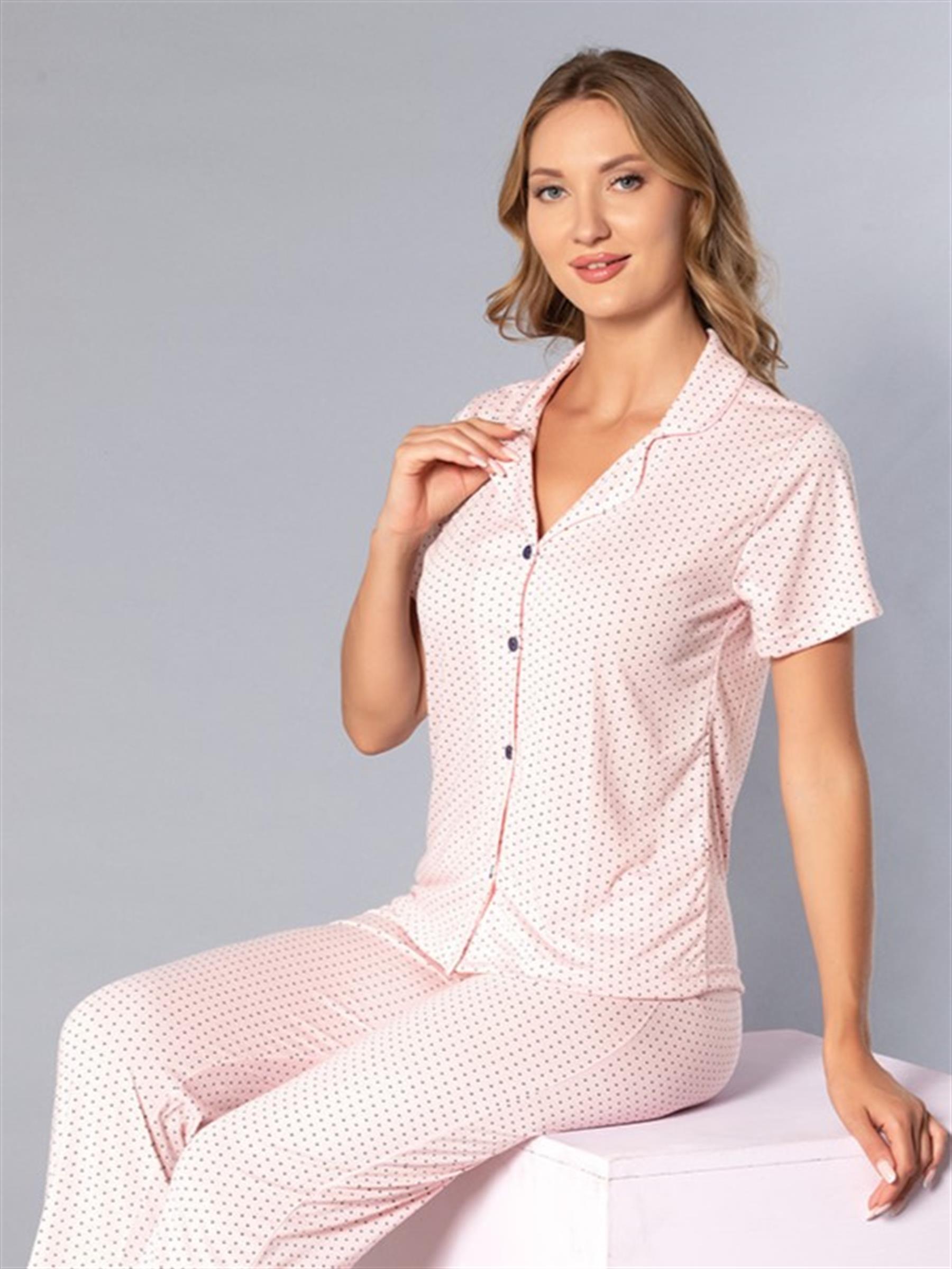 Boydan Düğmeli Kısa Kollu Gömlek Pijama Takımı - Yazlık Puan Desenli Yumuşak Milan Kumaş - Poppy 58-04