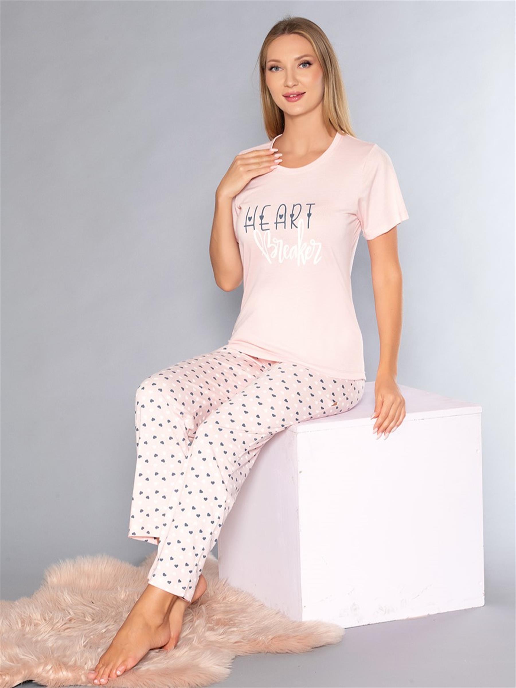 Kısa Kollu Bisiklet Yaka Pijama Takımı - Yazlık Kalp Desenli Yumuşak Milan Kumaş - Poppy 58-02