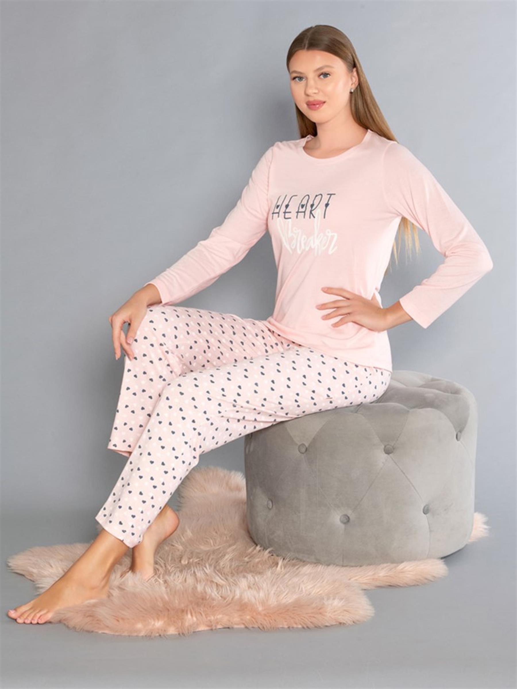 Uzun Kollu Bisiklet Yaka Pijama Takımı - Yazlık Kalp Desenli Yumuşak Milan Kumaş - Poppy 59-01 (M, L, XL, XXL)