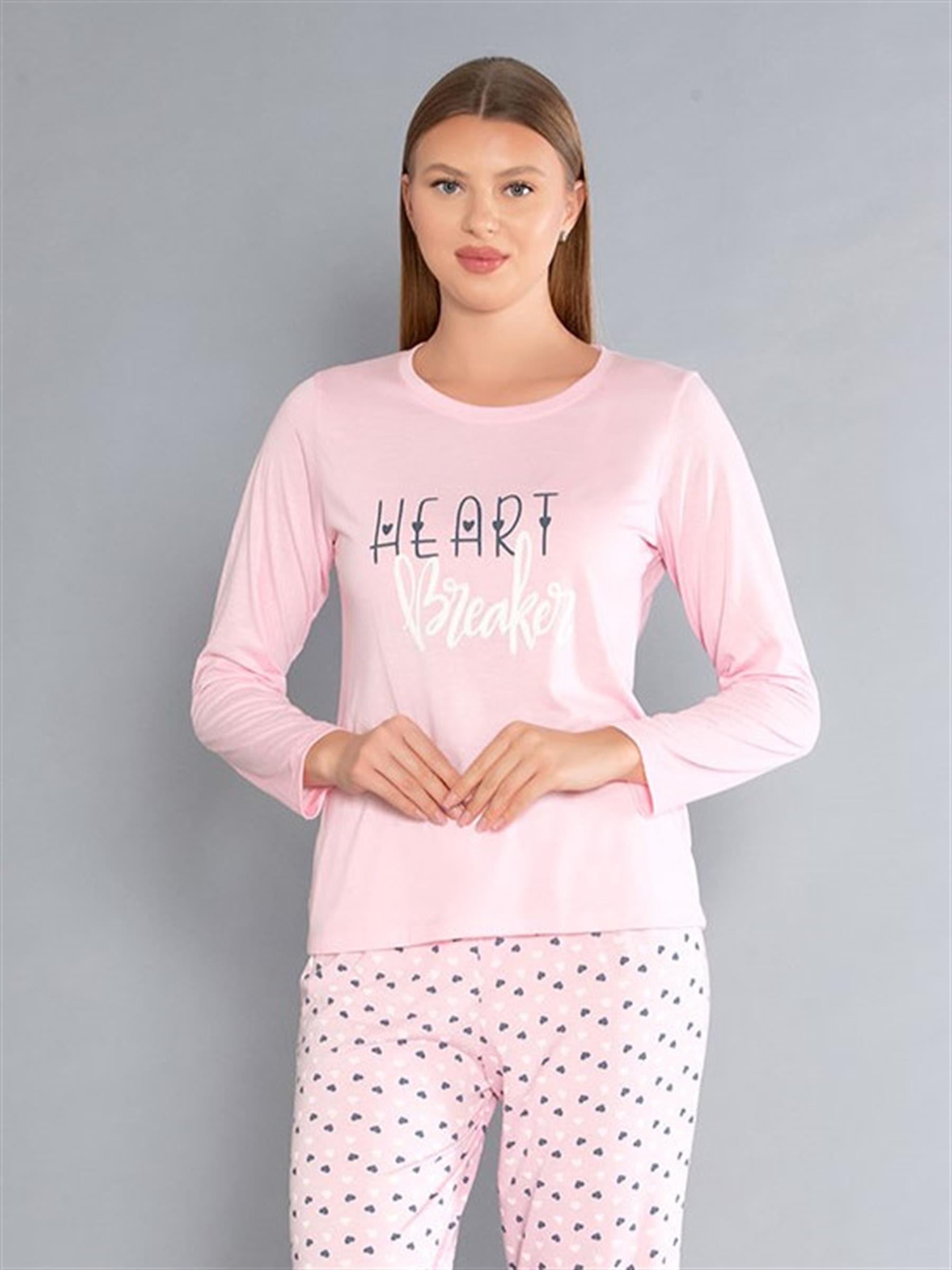 Uzun Kollu Bisiklet Yaka Pijama Takımı - Yazlık Kalp Desenli Yumuşak Milan Kumaş - Poppy 59-01 (M, L, XL, XXL)