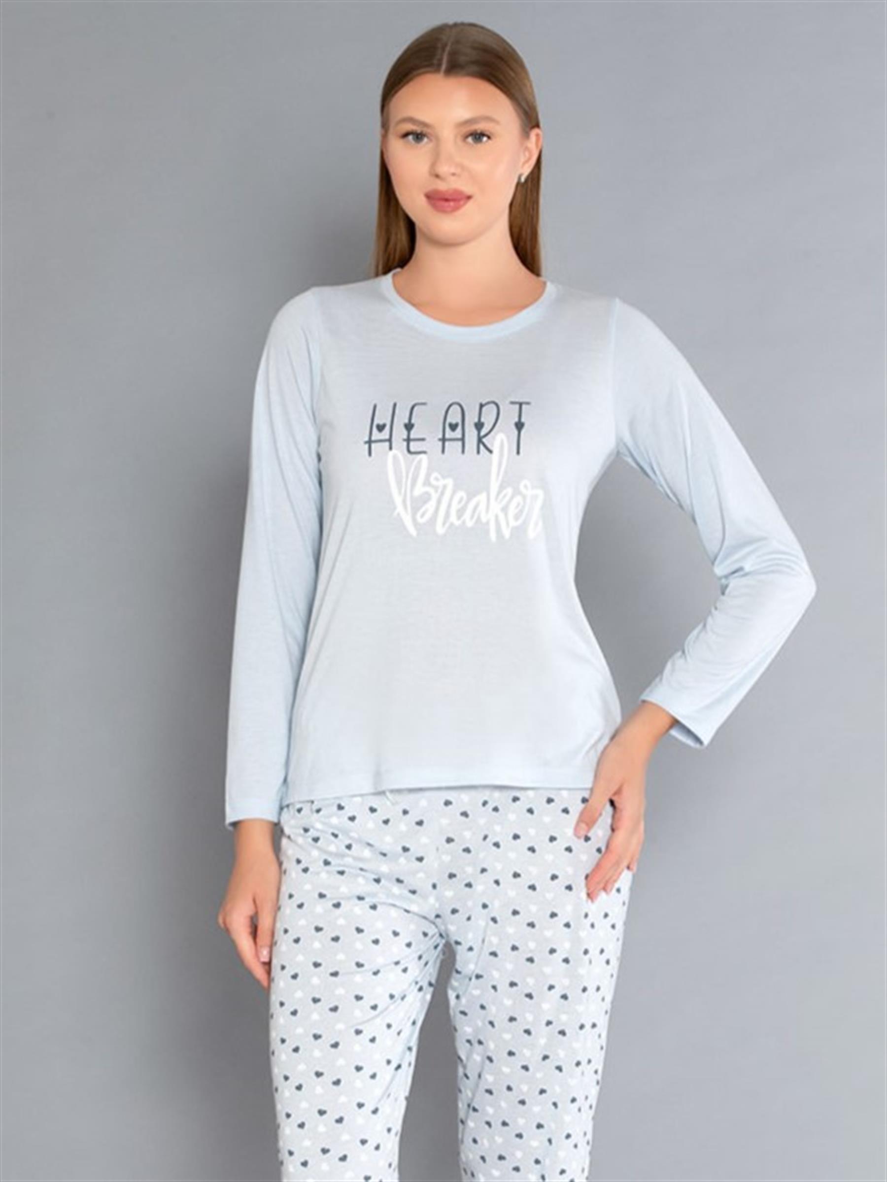 Uzun Kollu Bisiklet Yaka Pijama Takımı - Yazlık Kalp Desenli Yumuşak Milan Kumaş - Poppy 59-01 (M, L, XL, XXL)