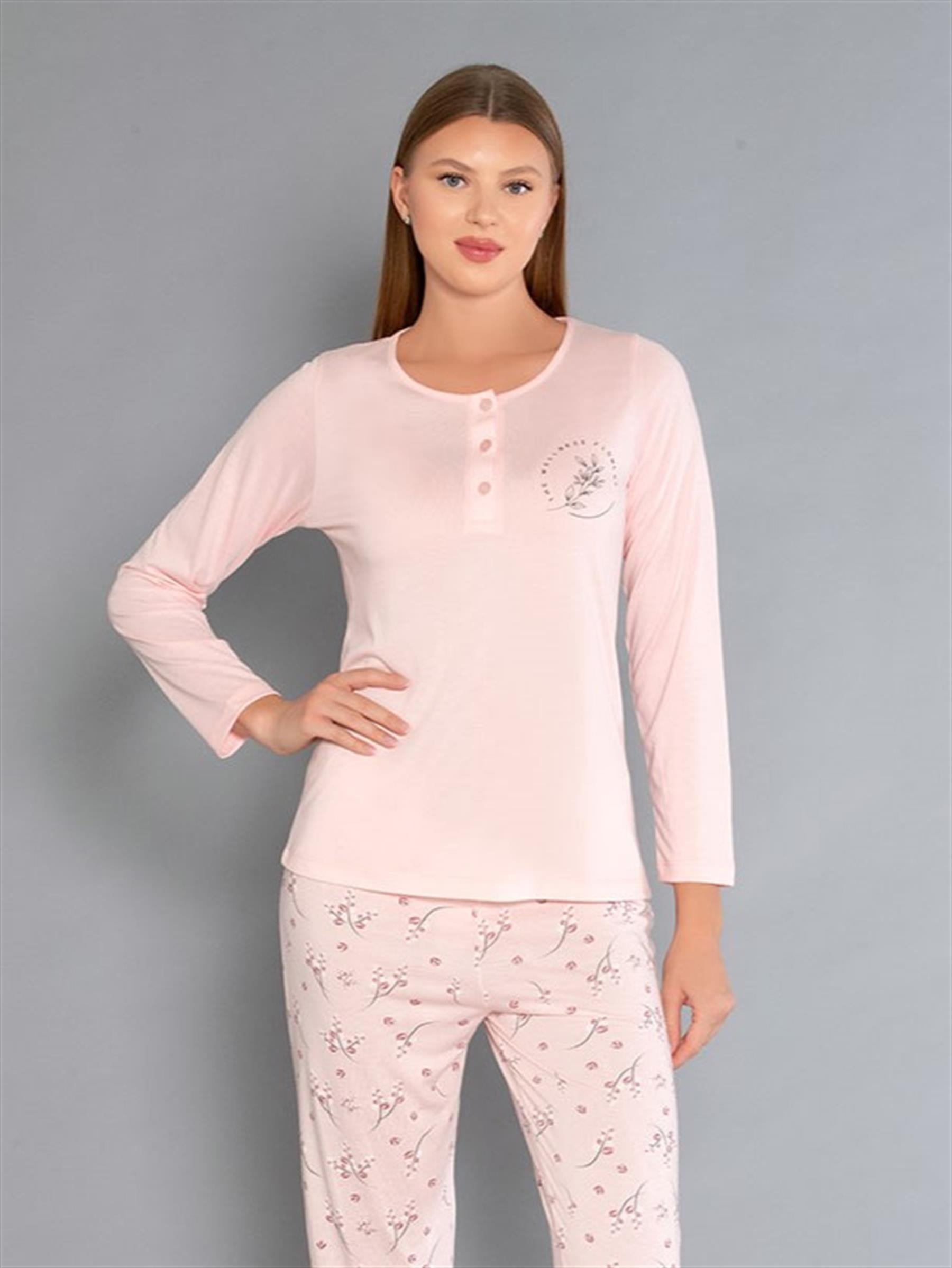 Uzun Kollu Patlı Pijama Takımı - Yazlık Çiçek Desenli Yumuşak Milan Kumaş - Poppy 59-02 (M, L, XL, XXL)