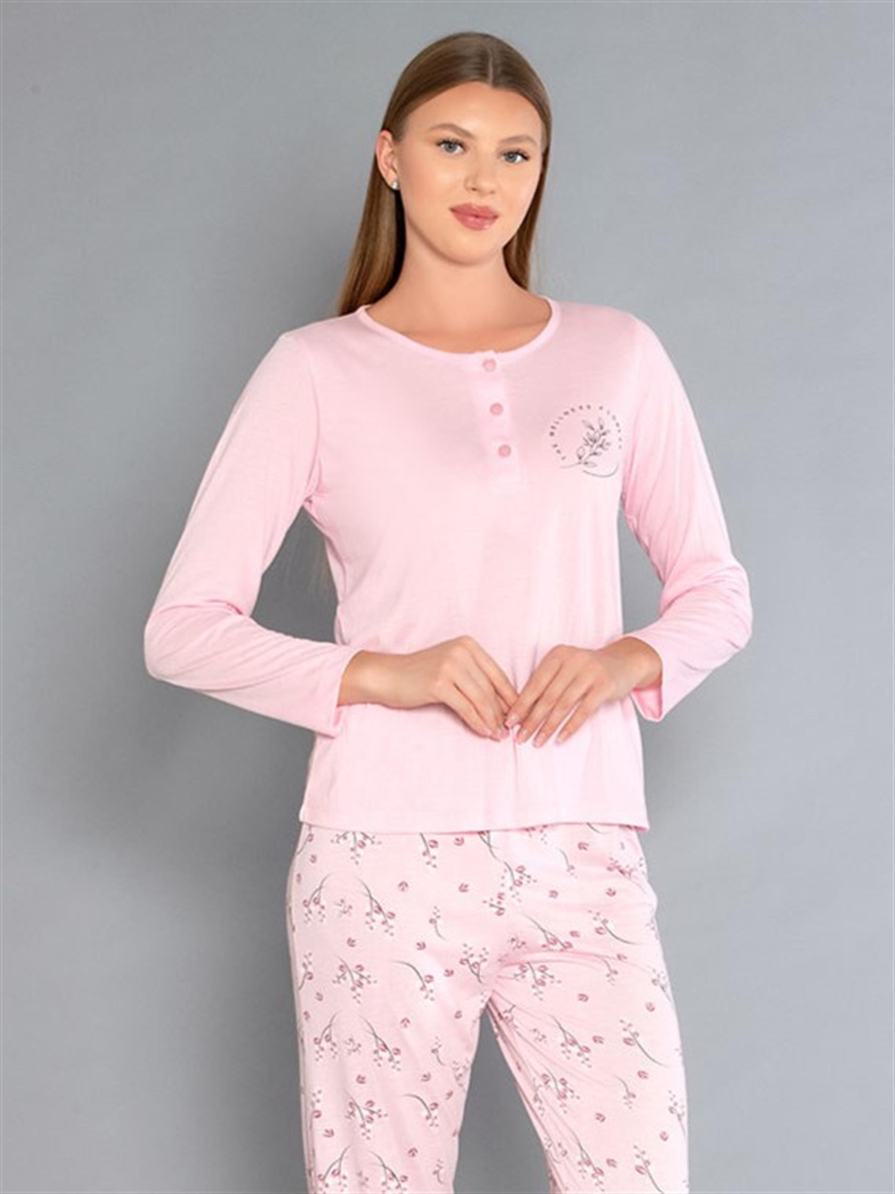 Uzun Kollu Patlı Pijama Takımı - Yazlık Çiçek Desenli Yumuşak Milan Kumaş - Poppy 59-02 (M, L, XL, XXL)