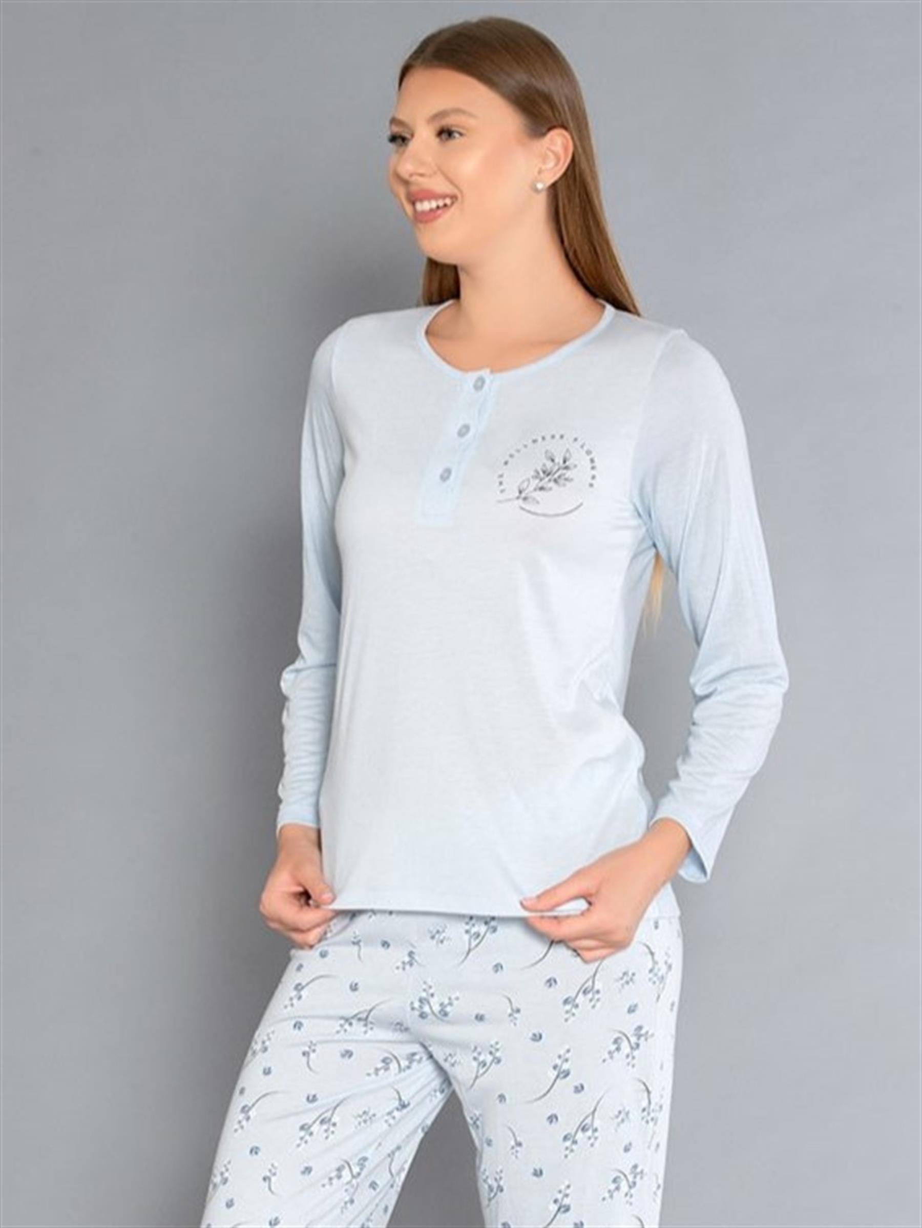 Uzun Kollu Patlı Pijama Takımı - Yazlık Çiçek Desenli Yumuşak Milan Kumaş - Poppy 59-02 (M, L, XL, XXL)
