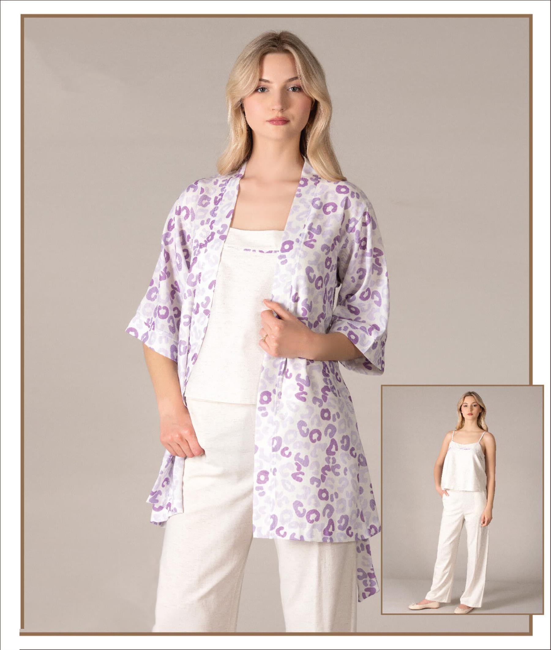 KETEN DESENLİ SABAHLIKLI İP ASKILI PİJAMA 3LÜ SET ZARİF VE LÜKS FLZ 31-131