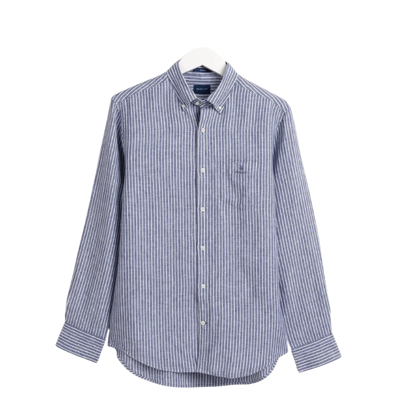 Gant Erkek Lacivert Regular Fit Düğmeli Yaka Çizgili Keten Gömlek 3012520.423
