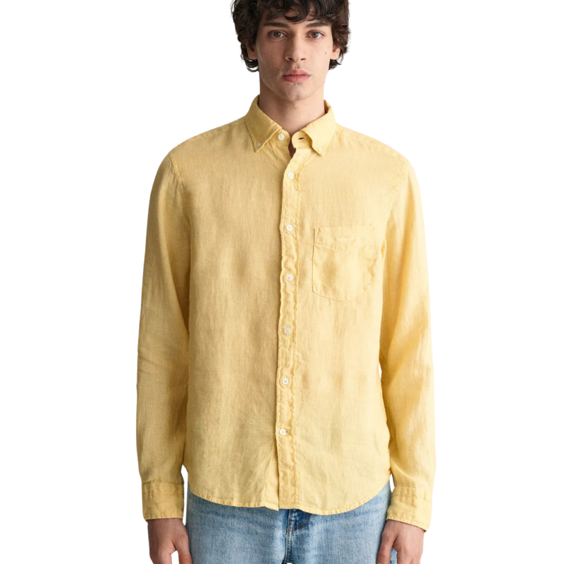 Gant Erkek Sarı Regular Fit Düğmeli Yaka Keten Gömlek