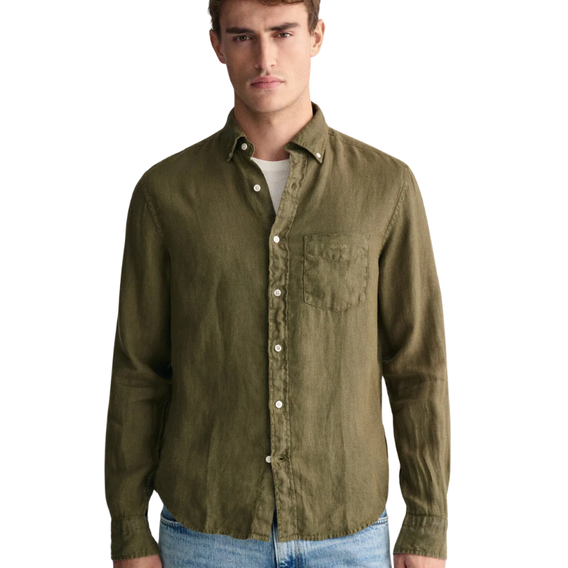 Gant Erkek Yeşil Regular Fit Düğmeli Yaka Keten Gömlek