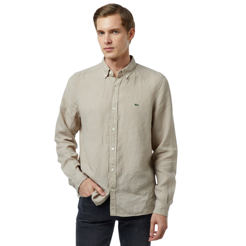 Lacoste Erkek Regular Fit Düğmeli Yaka Keten Bej Gömlek