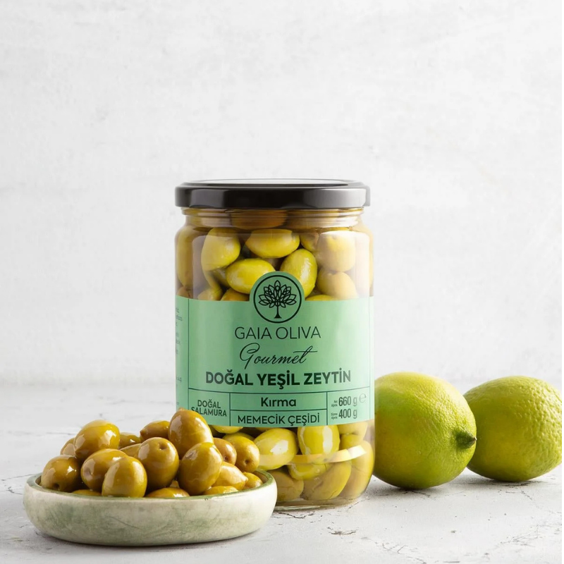 Doğal Yeşil Zeytin, Kırma Memecik Çeşidi, Doğal Salamura, Net: 660 gr