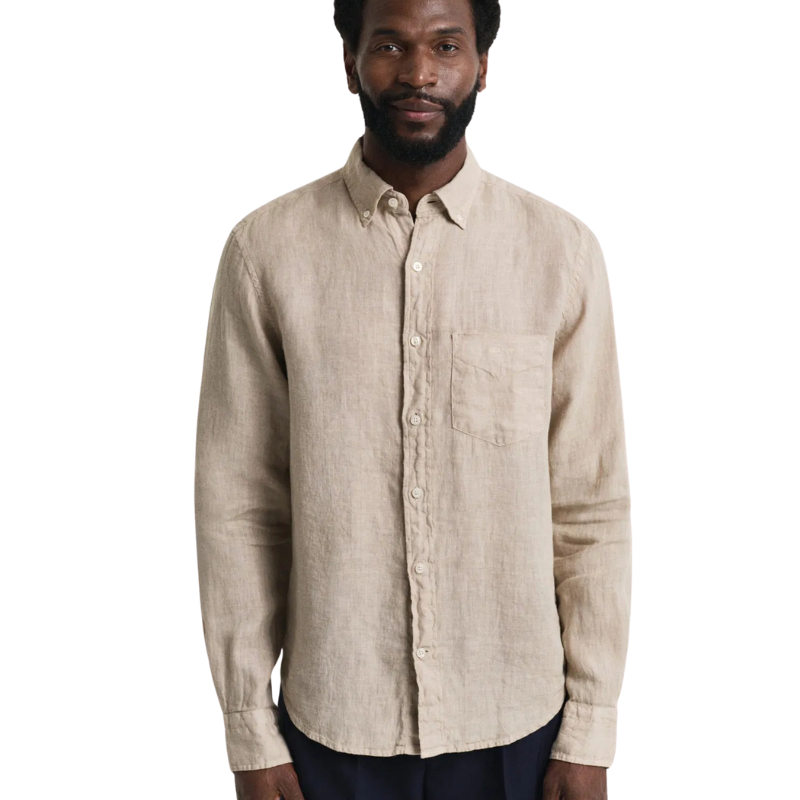 Gant Erkek Bej Regular Fit Düğmeli Yaka Keten Gömlek