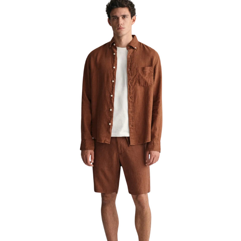 Gant Erkek Kahverengi Regular Fit Düğmeli Yaka Keten Gömlek